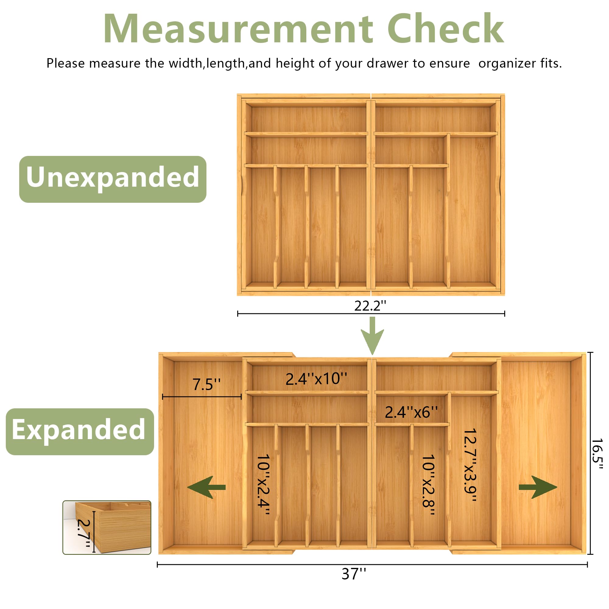 Suli Großer Besteckschubladen Organizer, verstellbares Küchenbesteck für Gabeln, Utensilienhalter für Löffel, Gabeln, Messer, Einstellbar Breite 54, 4-91,4 cm, Tiefe 40 cm,Naturbambus