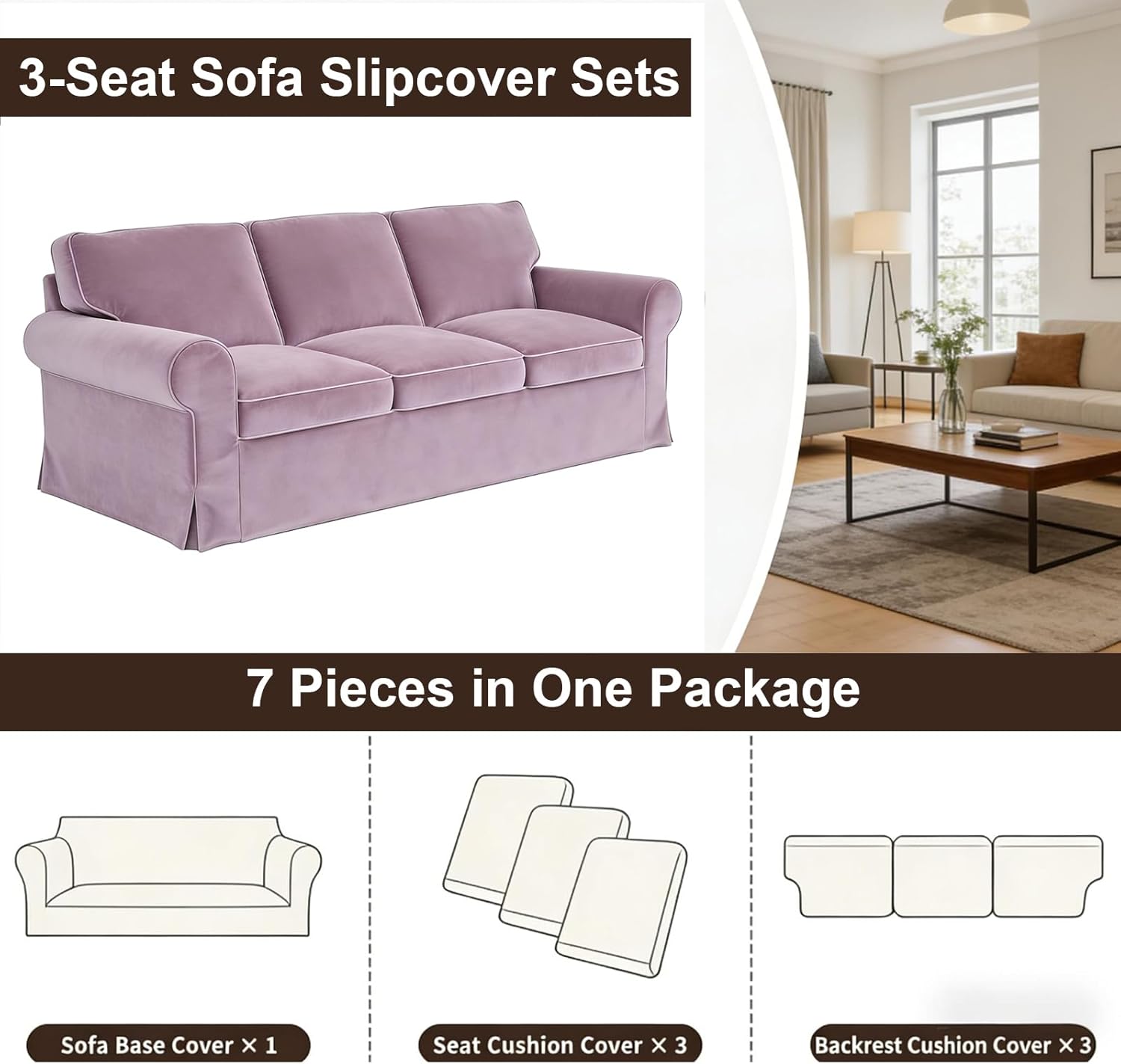 Velvet Pet-Friendly Replacement Sofa Cover Compatible for IKEA Ektorp 3 Seat Sofa Slipcovers, Couch Cover Only, 7-Piece Slipcover, Pink, Couch Cover Not Include The Sofa Body