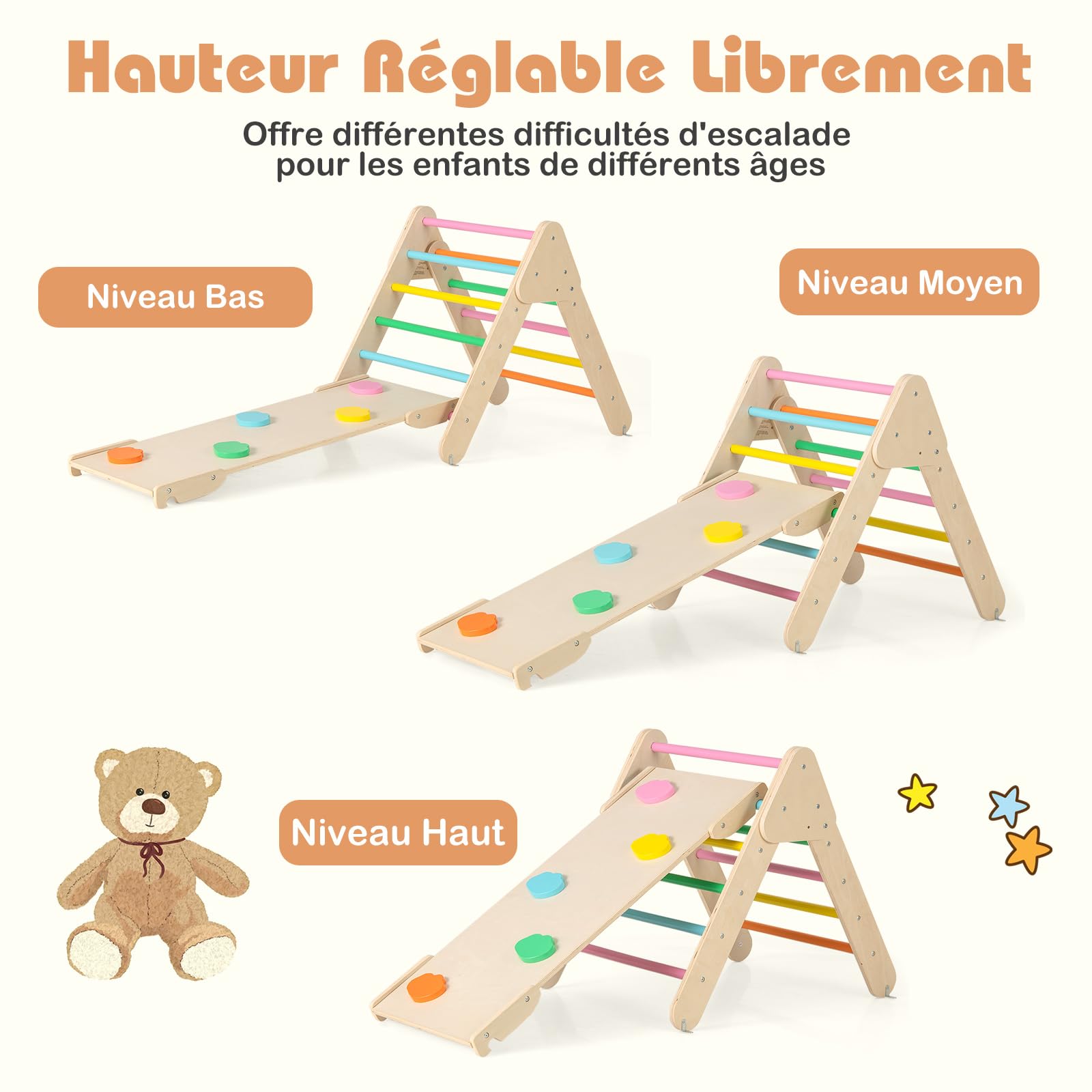GOPLUS 7 en 1 Triangle Arche Montessori, Arche d'escalade Enfants avec Toboggan Bois,Rampe, Échelle Réglable, Charge 50KG, pour Tout-Petits Bébé 1 Ans+(Multicolore)