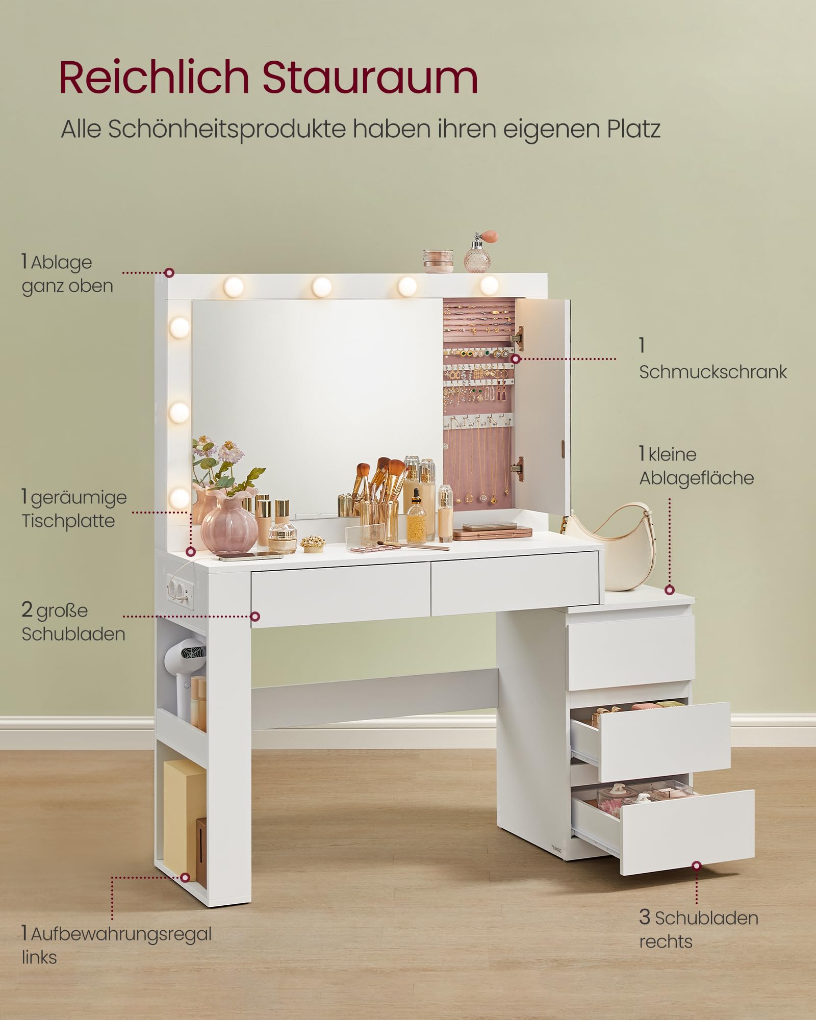VASAGLE Kailyn Kollektion - Schminktisch mit LED-Beleuchtung, Frisiertisch mit Spiegel, Steckdosenleiste, 40 x 125 x 140 cm, Kosmetiktisch mit Schubladen, wolkenweiß RDT127W01