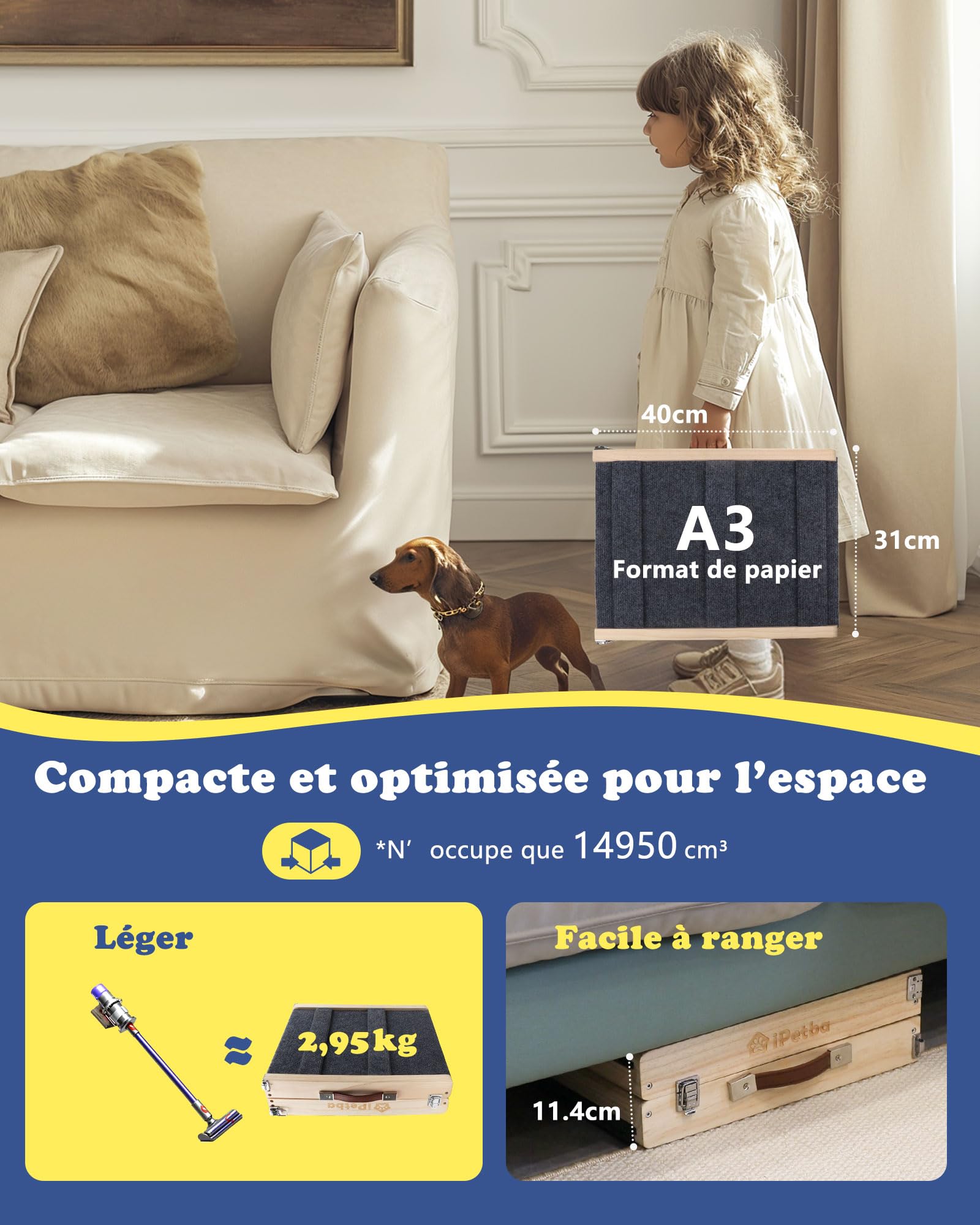 iPetbaRampe pour Chien pour Lit & Canapé pour Petits Chiens – Respectueux des Articulations, Antidérapant, Pliable, Réglable, Portable, Jusqu'à 16 kg