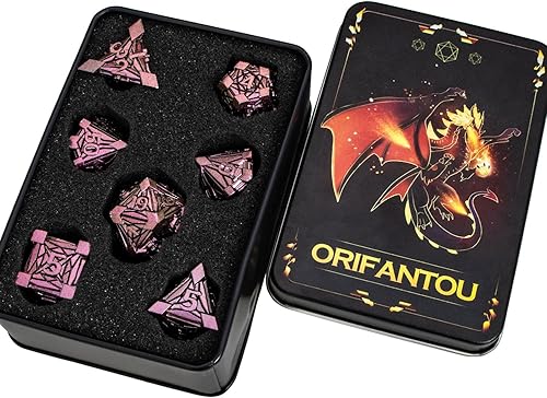 Miniatura 6 de ORIFANTOU Juego de dados de metal DND con caja, dados de mazmorras y dragones con caja, dados de D&D de residuos rojos y morados, dados RPG D y D,