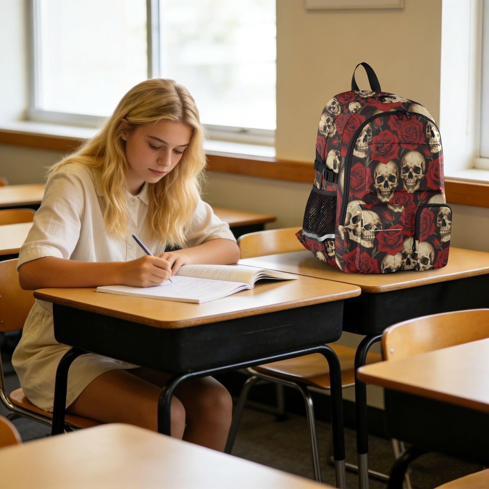 Zaino da viaggio per computer portatile, con teschi e rose, retrò, per lavoro, università, scuola, 44,5 cm