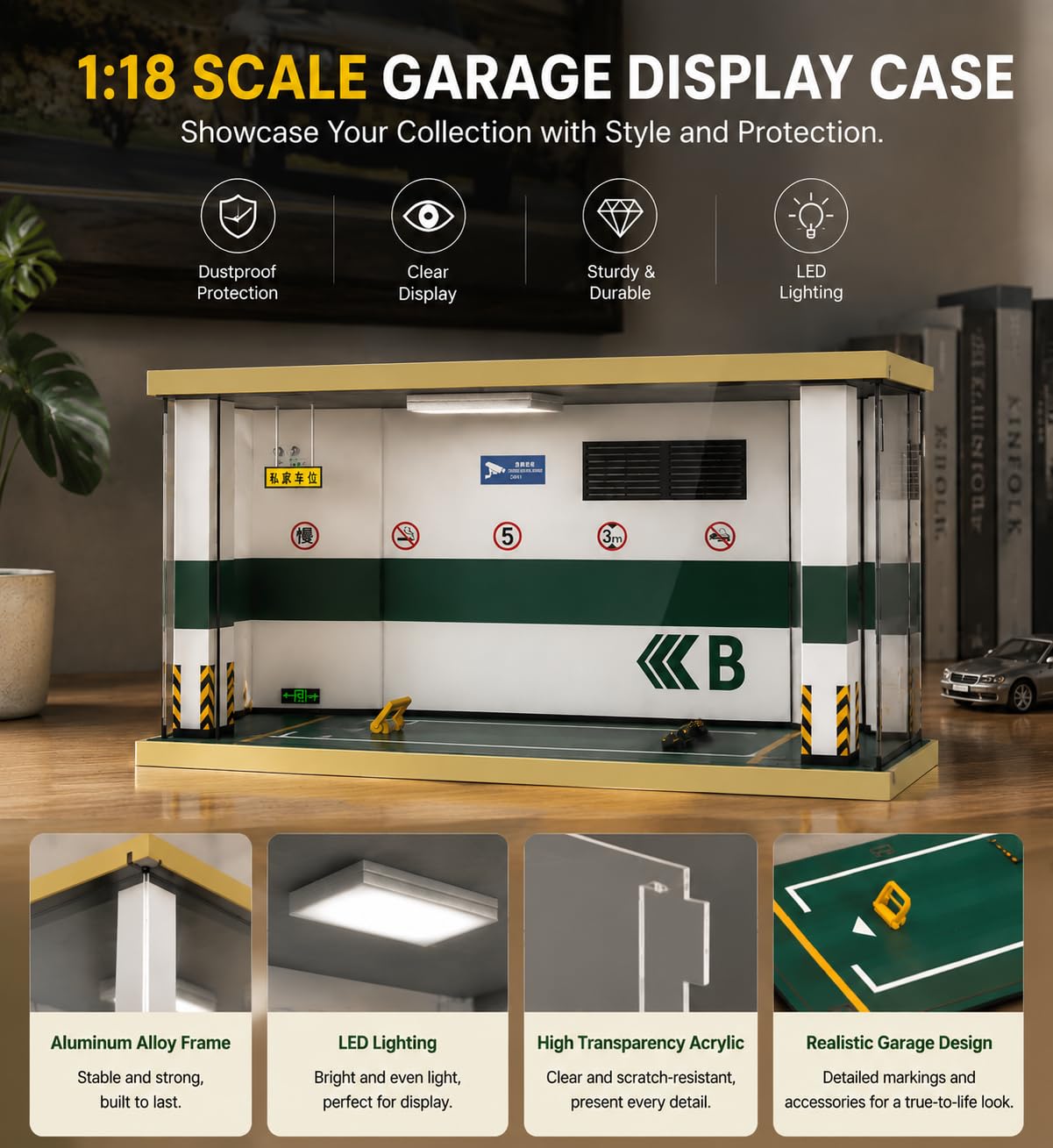 WANLIAN Realistische Garage-Szene Modellauto Display-Box mit LED-Beleuchtung | USB-Vitrine mit LED-Beleuchtung zum Präsentieren von Modellmodellen, Objekten