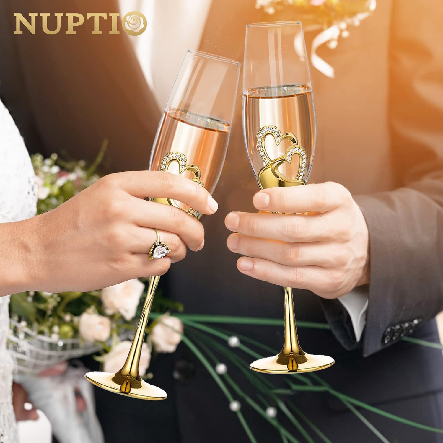 NUPTIO Champagne Flutes Wedding Gifts: Gold Toasting Glasses for Bride and Groom Heart Wine Cups Crystal Flute Anniversary Engagement Gift for Couples Hostess Mr Mrs 6.76oz