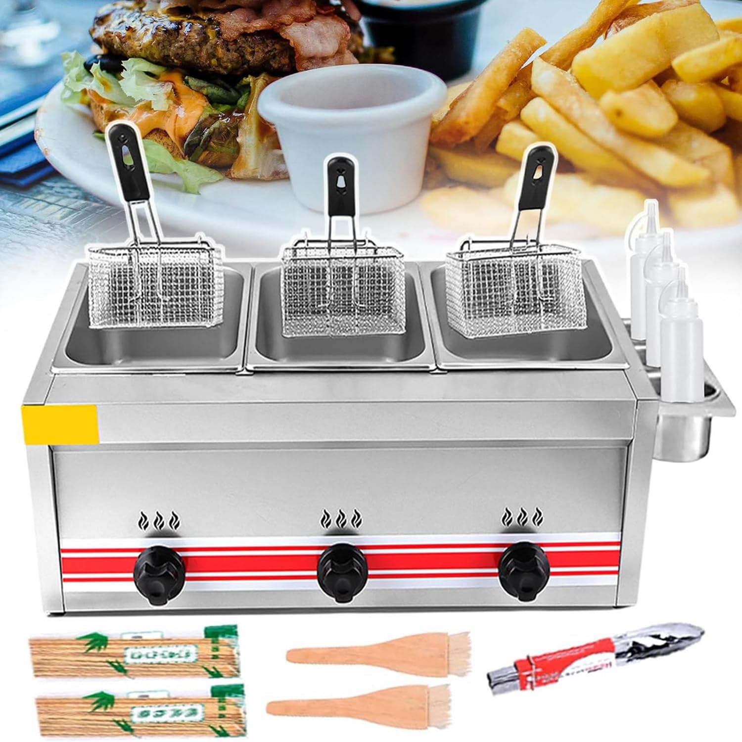 Qiang Freidora De Gas Profesional Acero Inoxidable Industriales con Tanque De Condimentos Y Cestas para Freír Y Tapas,Calentamiento Rápido,Desmontable,Fácil De Limpiar,Triplecylinder10L+10L+10L