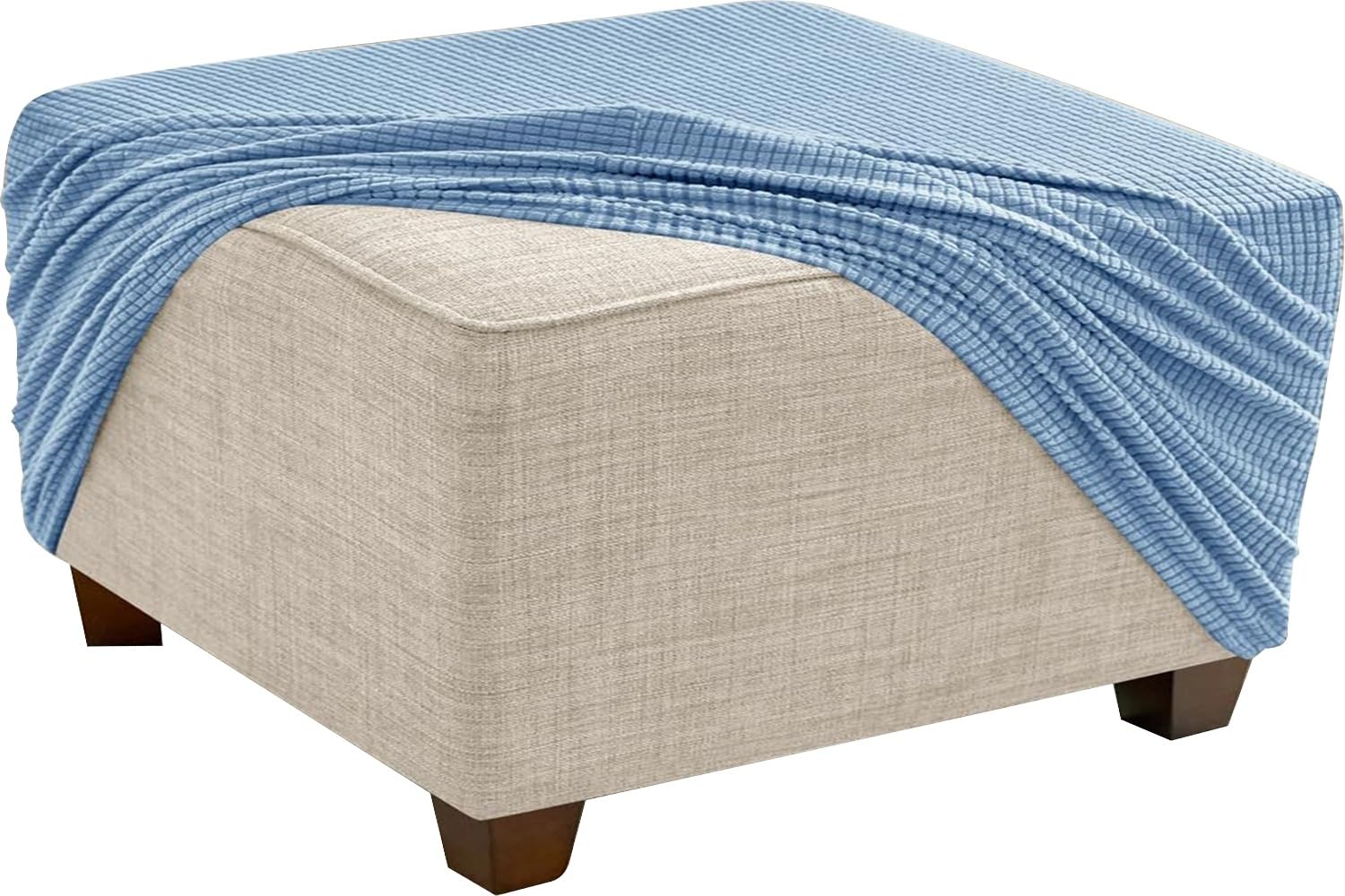 Stretch Ottoman Cover Slipcovers Square 35x35 45x45 65x65 90x90 100x100 Cm Thick Checked Jacquard Fabric Footstool Footrest Protector With Elastic Bottom For Living Room Removable Washable(Light Blue,