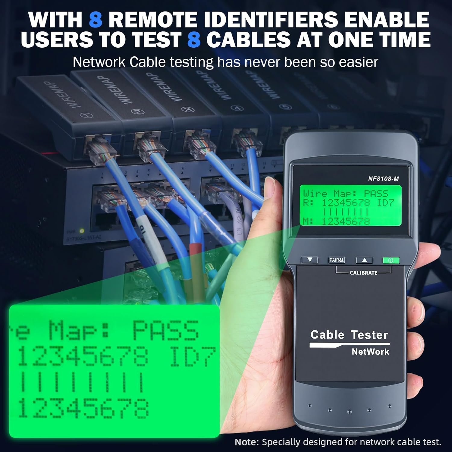 Network Cable Tester - VXSCAN Cable Wire Fault Finder for RJ45 Cat5, Cat6, 5e, 6e Measure Length, Locate The Breakage Point, Check Wiring Error with 8 Far-end Passive Test Jacks