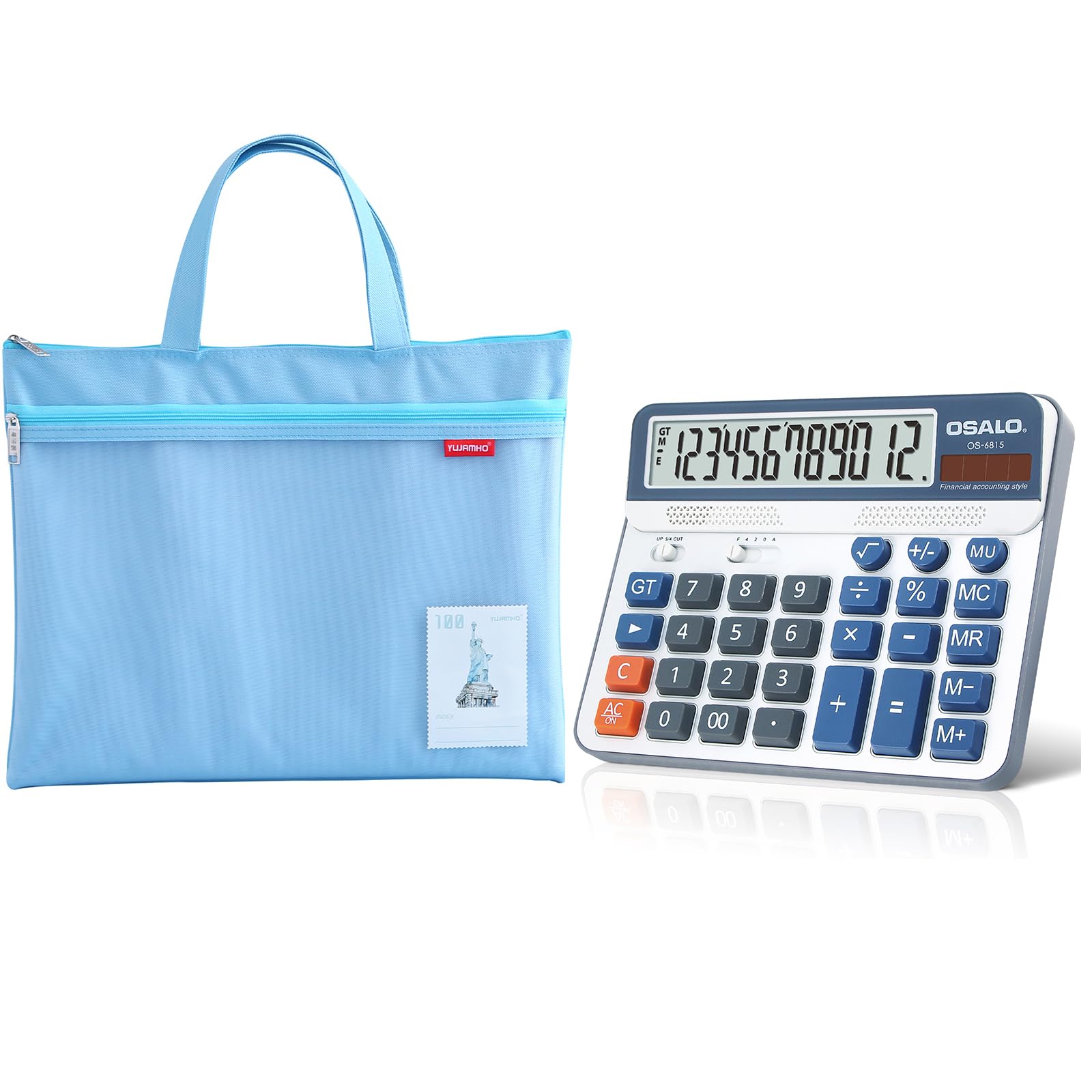 Desktop Calculator and Mesh Zipper Waterproof Pouch Bundle, 12-Digit Battery Solar Powered LCD Display Big Button Calculator, 11x13.7in Large Double Pocket Waterproof File Bag with Handle