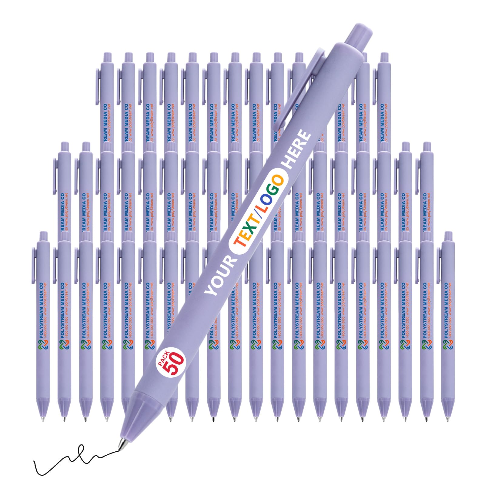 Vebermo 50 Pack Personalised Ballpoint Pens Bulk, Custom Pens with Logo/Name/Text, Smooth Writing Personalised Pens for Business, Weddings, Graduation & Office, Black Ink, Retractable, Purple