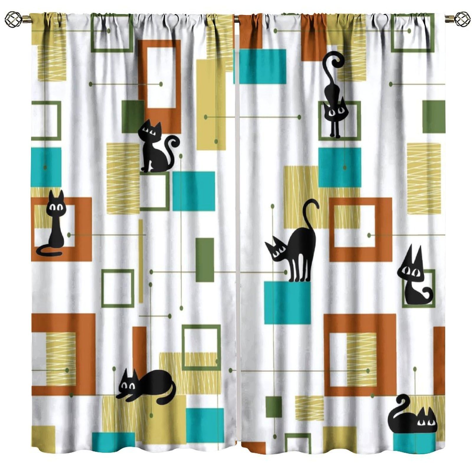 BenYaSong Mid Century Blackout Window Curtain, Modern Black Cat Abstract Atomic Geometric Pattern Lovely Retro 1950s 1960s for Home Kitchen Restaurant Decoration Window Drapes 2Panel 55" W X 63" L