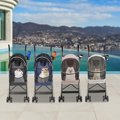 Miniatura 6 de Cochecito de viaje para mascotas de 4 ruedas, plegable y ligero, con malla transpirable y visible para perros y gatos pequeños y medianos (hasta 22