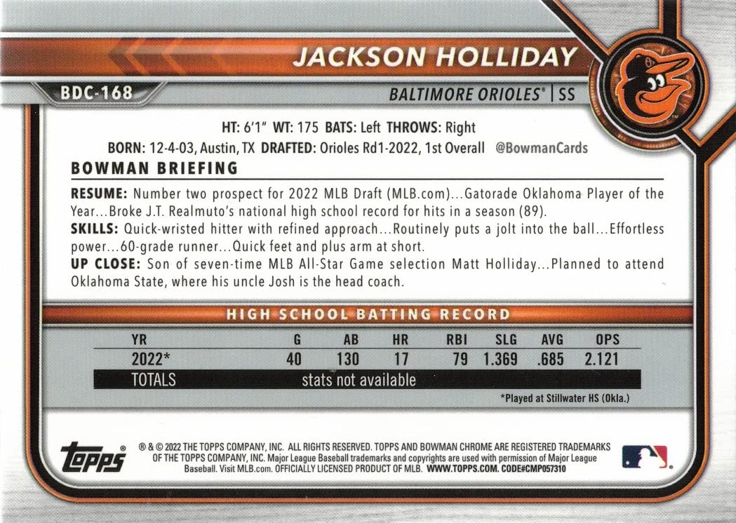 Amazon.com: 2022 Bowman Draft Chrome Baseball #BDC-168 Jackson