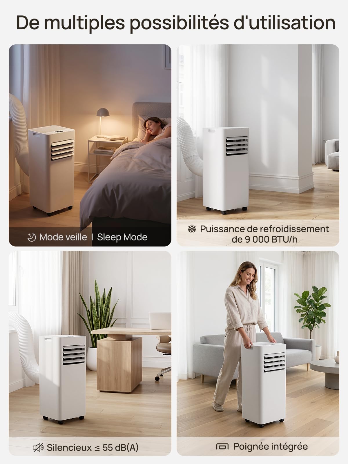 Climatiseur mobile 9000 BTU, 4 en 1 (refroidissement/déshumidification/ventilateur/mode veille), télécommande, écran LED, minuterie 24h et sécurité enfant – Idéal pour la maison, le bureau, le camping