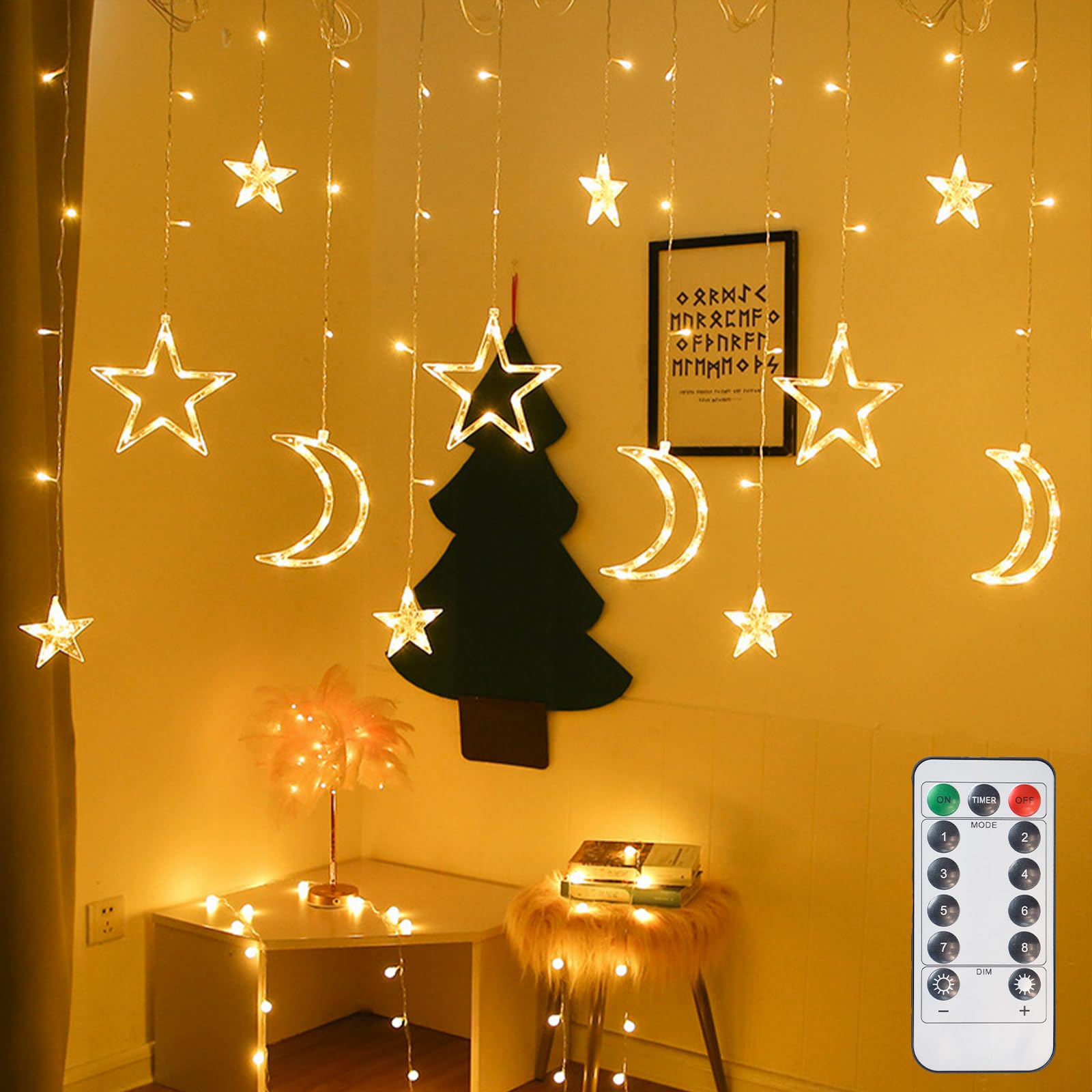 Led Curtain String Star Moon Light, String Lights Decorations Indoor, 3.5m Fairy Lights, Battery Operated, LED Lights with 8 Flashing Modes for Christmas, Wedding, Party, Home, Terrace