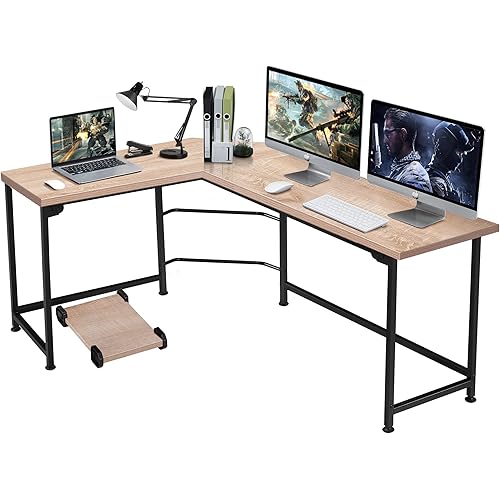VECELO 66 Inch Large L-Shaped Computer Desk with CPU Stand/PC Laptop Study Writing Table Workstation for Home Office, Oak+Black Leg