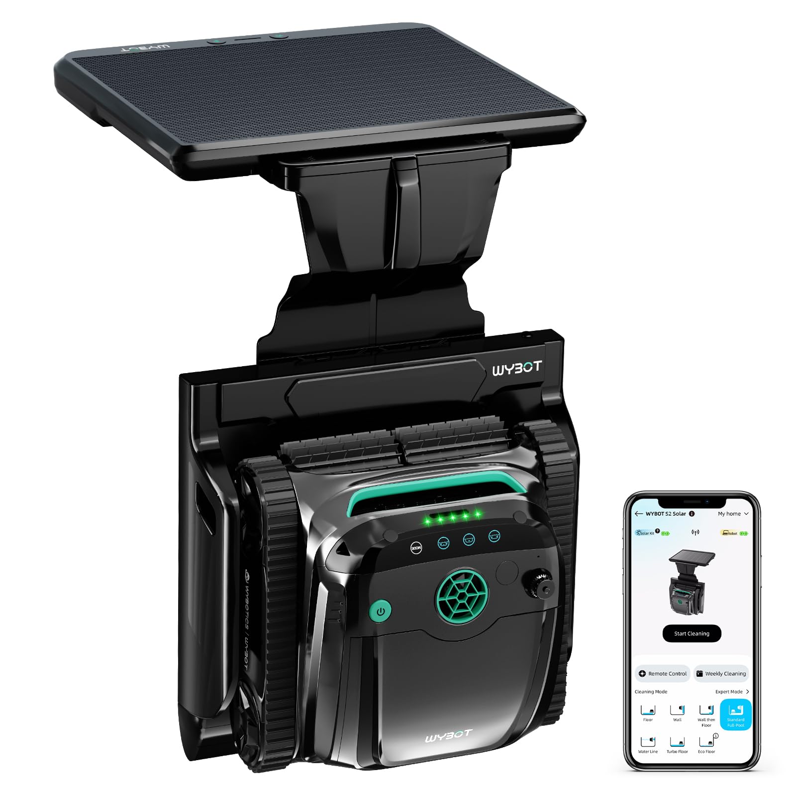 WYBOT S2 Solar Pool Vacuum Cleaner for Inground Pools, 7 Modes & 7 Paths, Brushless Motor, Auto Return & Charge, 2.5h Runtime, Dual Filtration, App Control, Covers 3,229 Sq.Ft, Grey&Green Gr