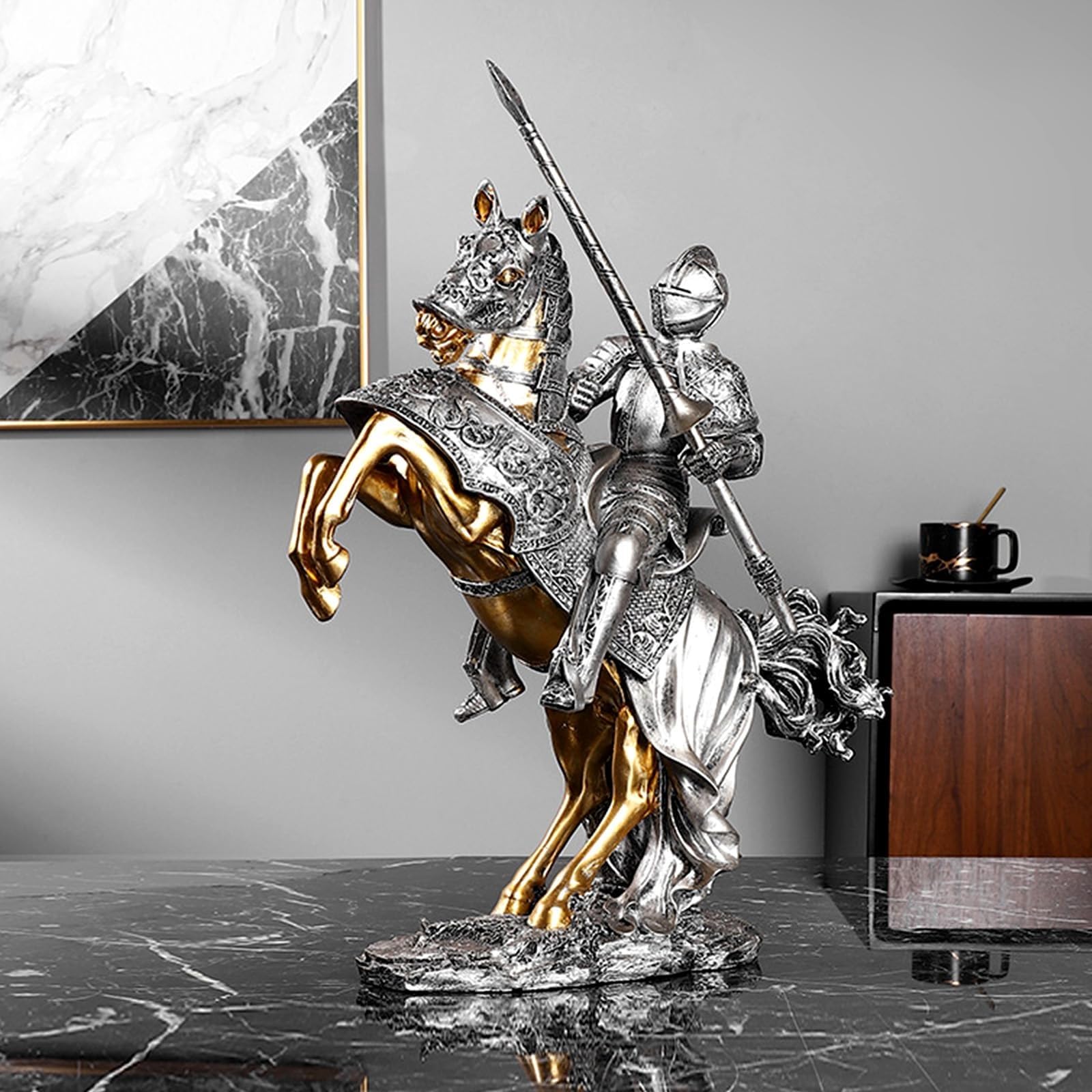 dekoracja biurka artystyczna statuetka rzeźba - rycerz brązowy posąg konia bojowego, 42 cm kolekcja legendarna średniowieczna rzeźba rycerza, szermierz strażnik wojownik wojownik F