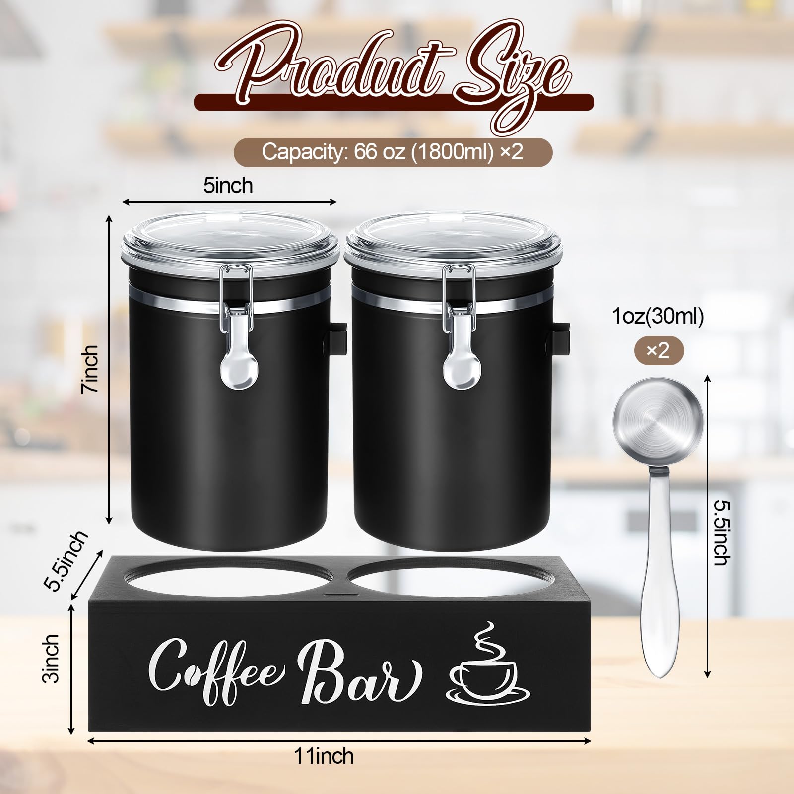 Maxcheck 2 botes de café de acero inoxidable 304 de 66 onzas con estante, abrazadera de bloqueo hermética y cuchara, almacenamiento de café molido/frijoles, tarros de almacenamiento de alimentos de