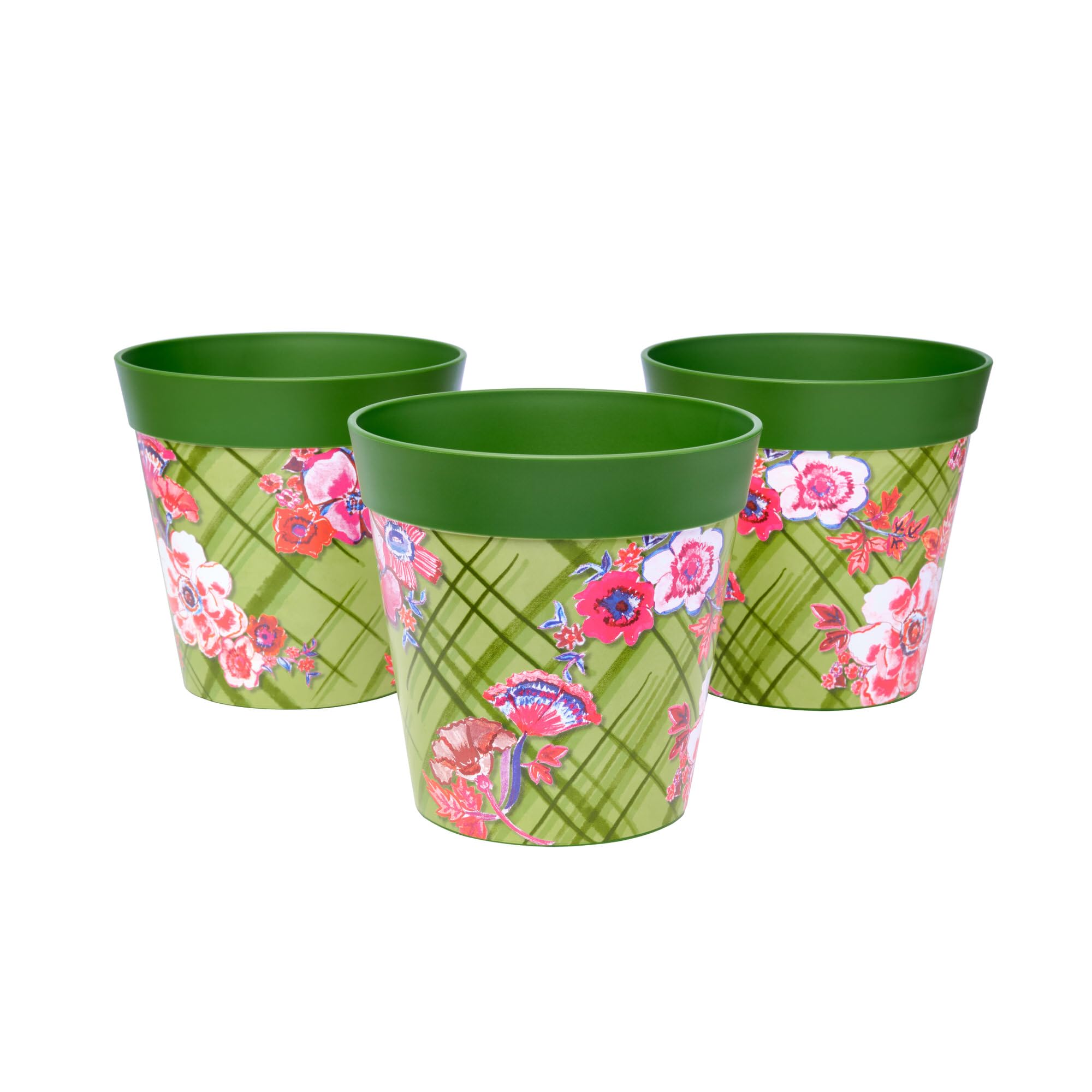 Hum Flowerpots, 15cm Set of 3, Various Patterns Colours and Sizes, Indoor/Outdoor Plastic Plant Pots, Green Floral Trellis — image 1