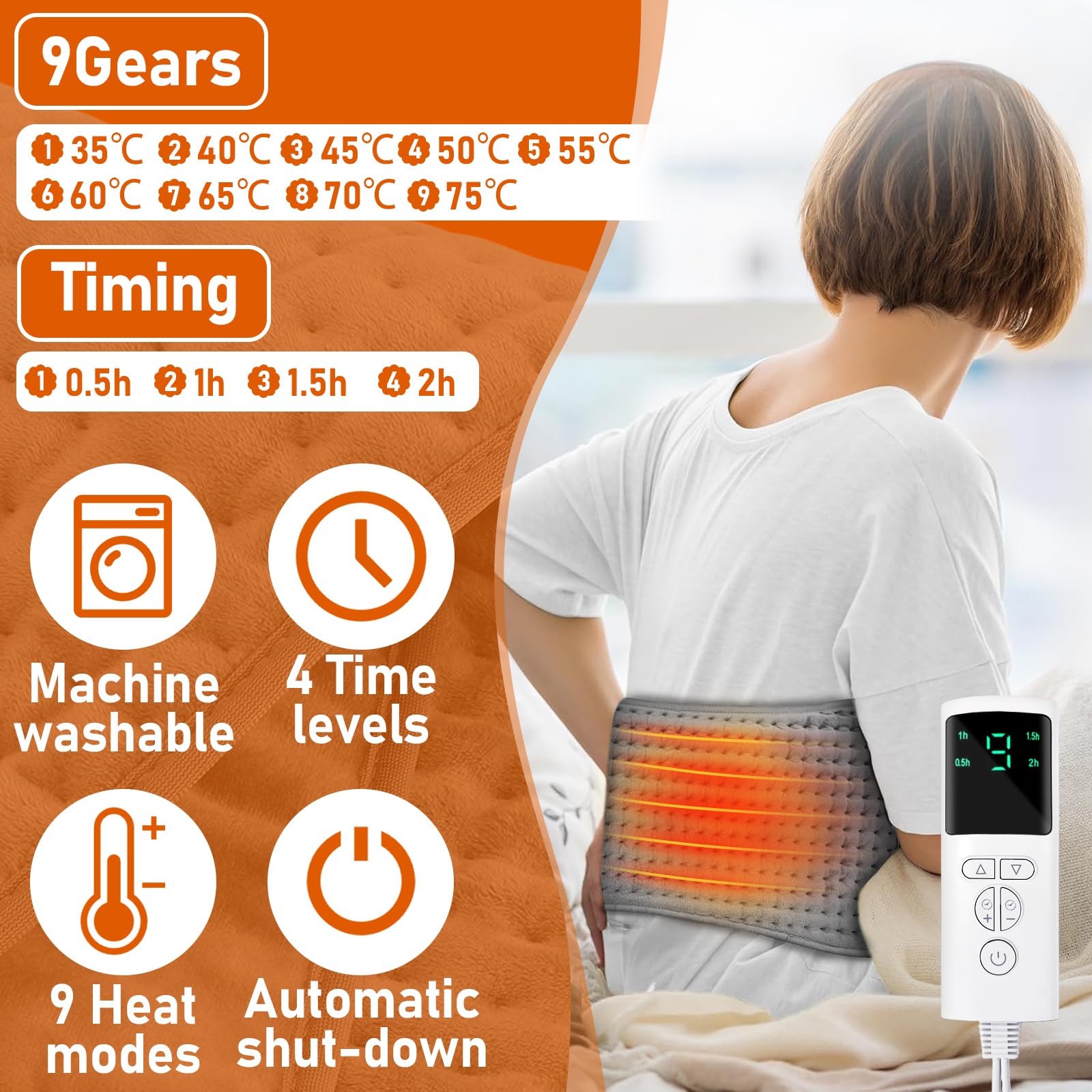 Termoforo Elettrico 125x30cm Termoforo Lombare con 9 Livelli di Calore,4 Impostazioni di Tempo,Cuscino Termico Elettrico per Schiena Addome,Spegnimento Automatico Coperte comode