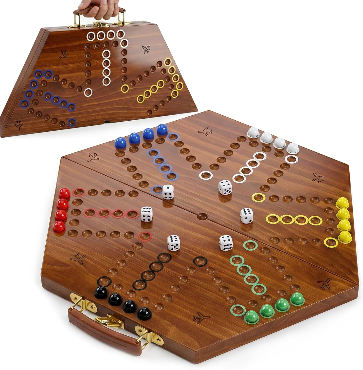 Large Folding Wooden Wahoo Board Game Set, 6 Player Wahoo Marble Game with Integrated Accessory Storage, Fast Track Tabletop Game for Family Gatherings and Adult Parties (Burnt Color)