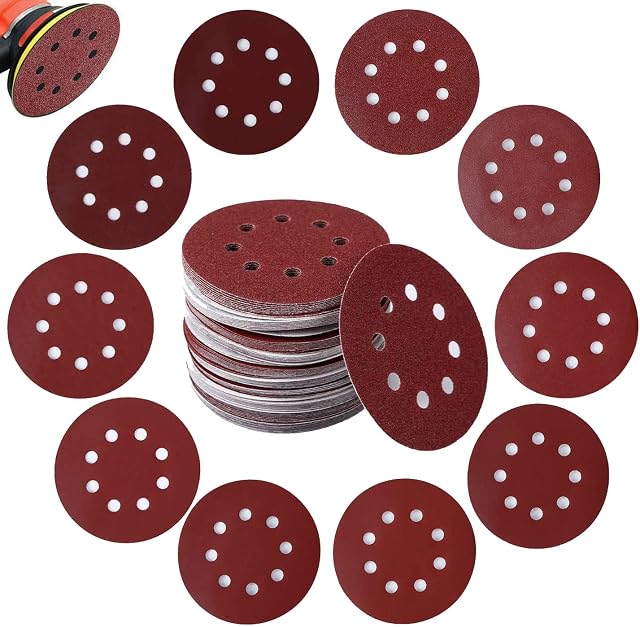 100Pcs Sanding Discs, Gyvazla Sanding Disc Pads 125mm/5 Inch 8 Holes Hook and Loop 40/60/80/120/180/240/320/400/600/800 Sandpaper Assorted for Random Orbital Sander