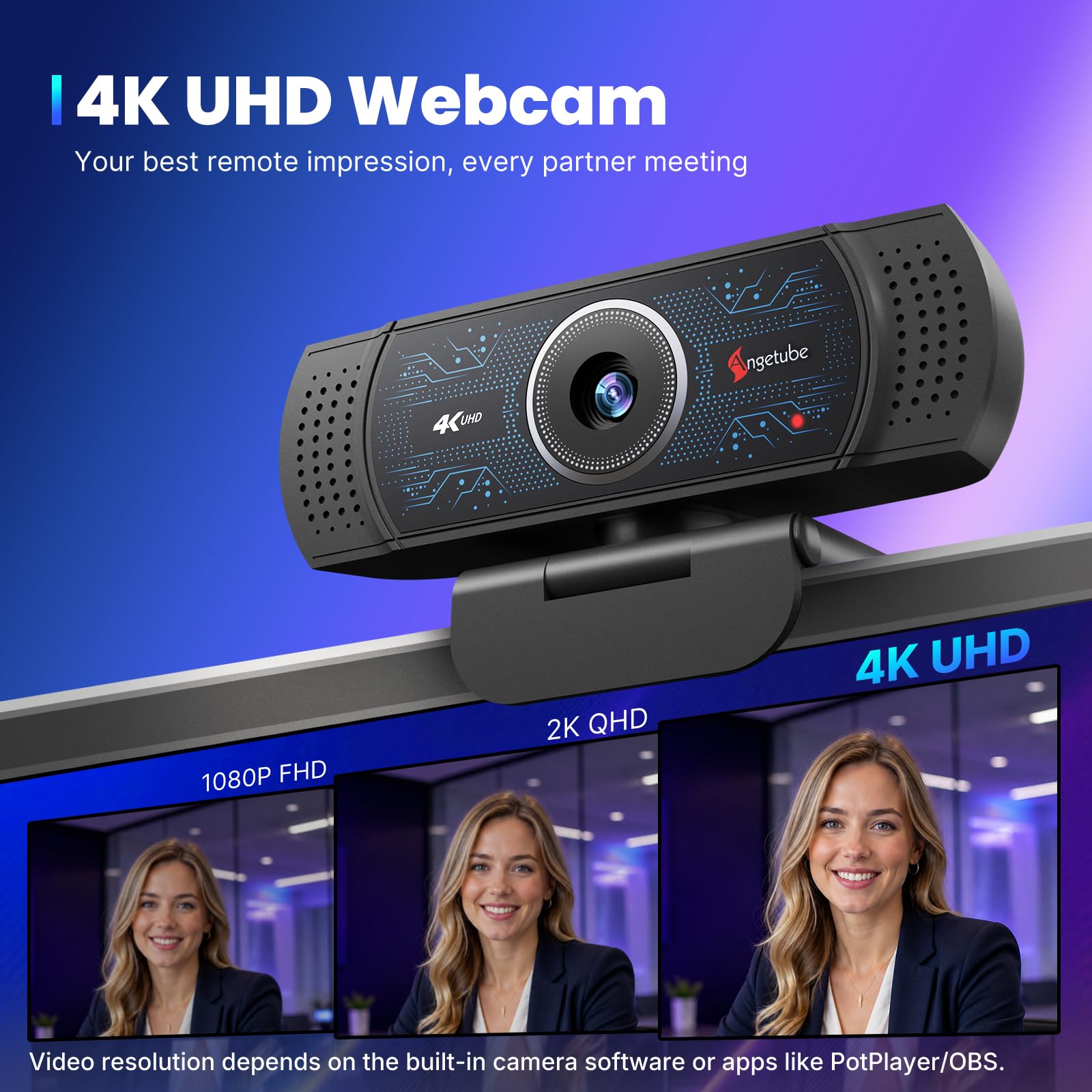 Angetube Webcam 4K pour PC, Web Caméra avec 2 Microphones, PDAF Automatique
