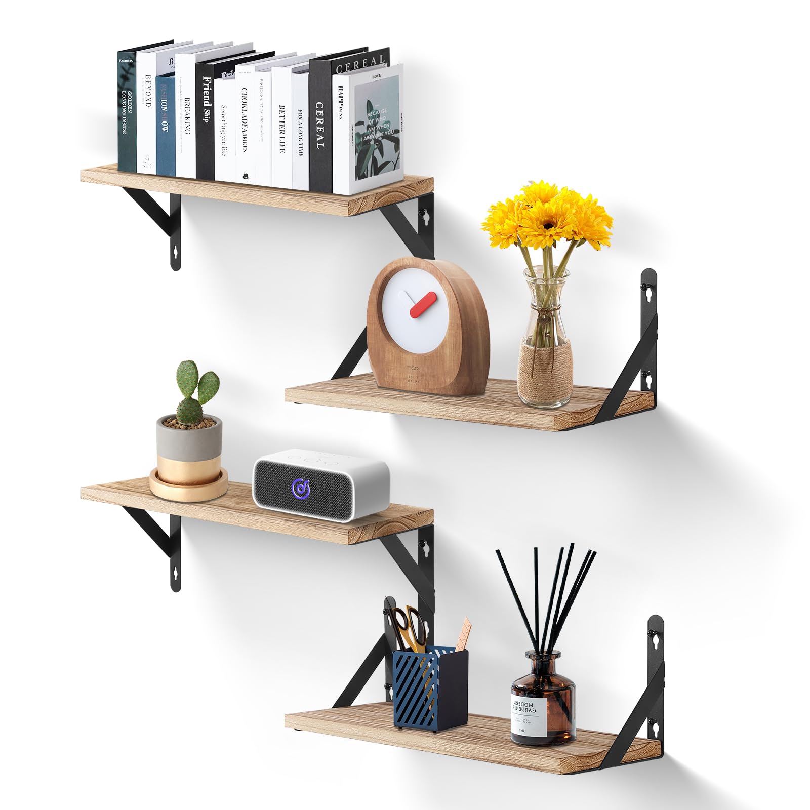 Uten Floating Shelves Set of 4 Wall Mounted Shelf, Light Brown Solid Wood Wall Shelves