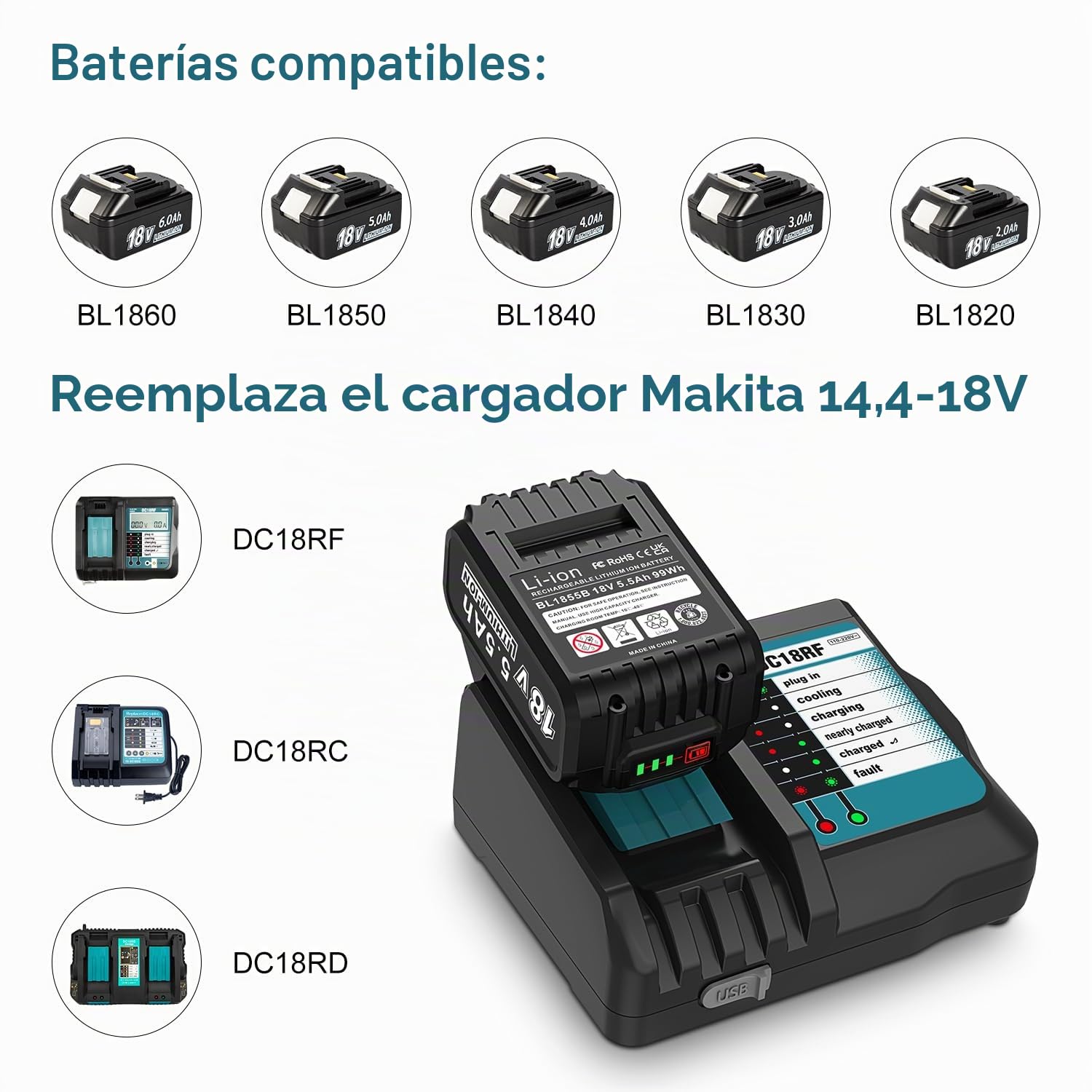 Juego de cargador DC18RF con batería de 18 V 5,0 Ah para Makita BL1860B BL1860 BL1850 BL1840 con indicador de carga LED