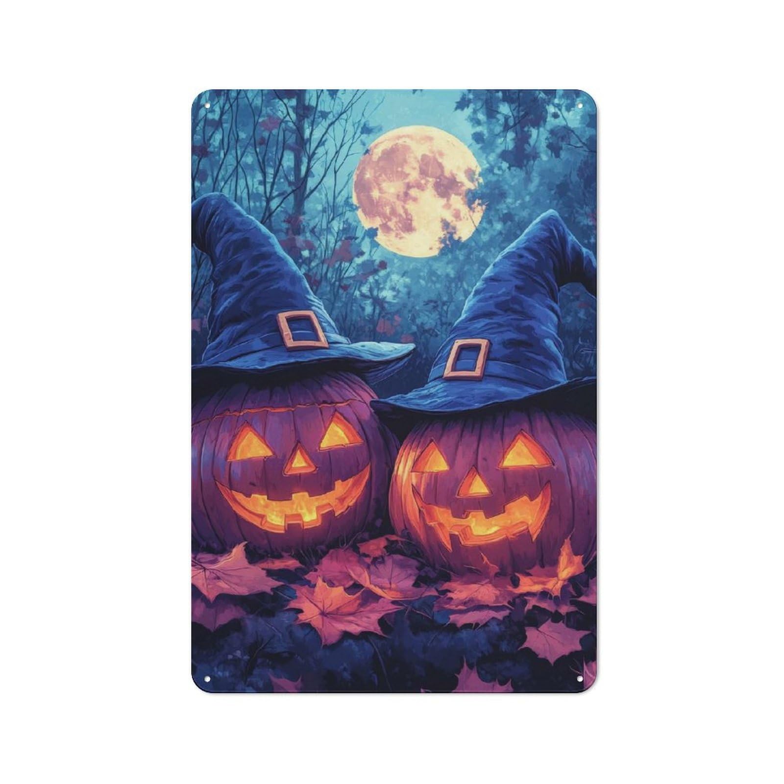 Metal Sign 30x20cm with Halloween Pumpkins with Witch Hats for Hallway Wall, Rustic Decor, for Wall Display Collectors