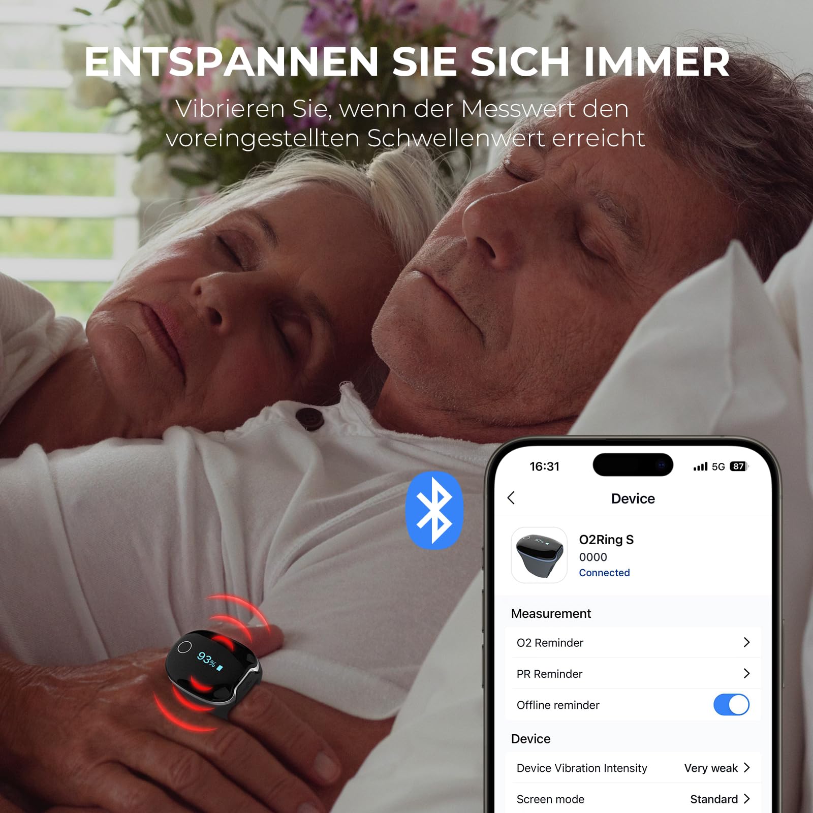 Wellue O2Ring-S Schlaf Pulsoximeter mit Vibrationserinnerung, 24 Std Akkulaufzeit Bluetooth Wiederaufladbar Sauerstoffsättigung Messgerät Finger, Schlaftracker mit 4 * 10 Stunden Eingebauter Speicher