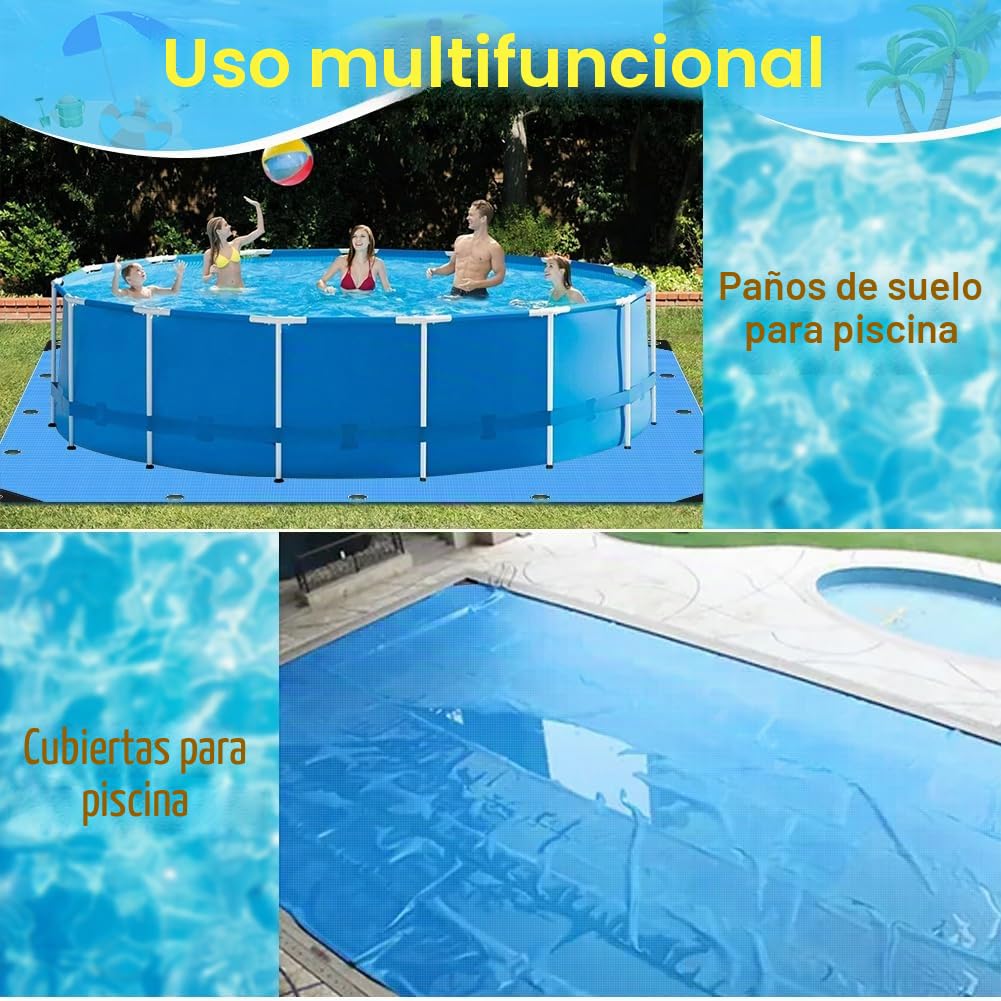 Roadtime Lona de suelo de piscina, 120 g/m², gruesa, cuadrada, con 4 ganchos y 20 m de cuerda de nailon, base de piscina con agujeros, lona impermeable y resistente a desgarros (4 x 4 m, azul)