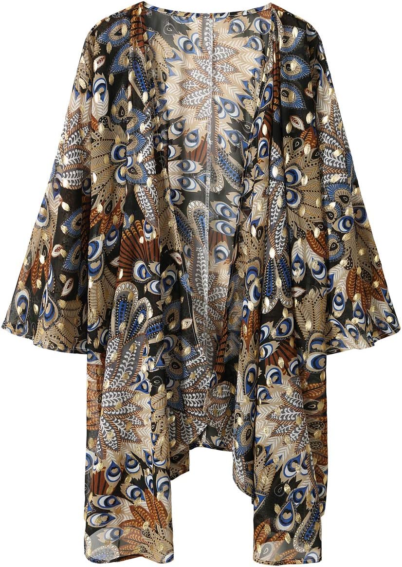 olrainWomen's Floral Print Sheer Chiffon 3/4 Bat Sleeve Casual Loose Kimono Cardigan Capes