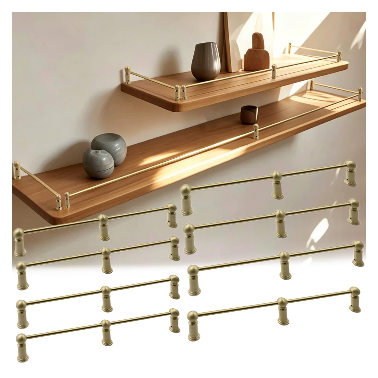 Brass Cabinet Safety Rail 20-158 cm, Customizable Length Anti-Fall Guard Rail Bar with Spindles & Screws, Decor Pole Guardrail for Kitchen Shelf & Wine Rack Organizer(8pcs,L 31"/78.7cm)