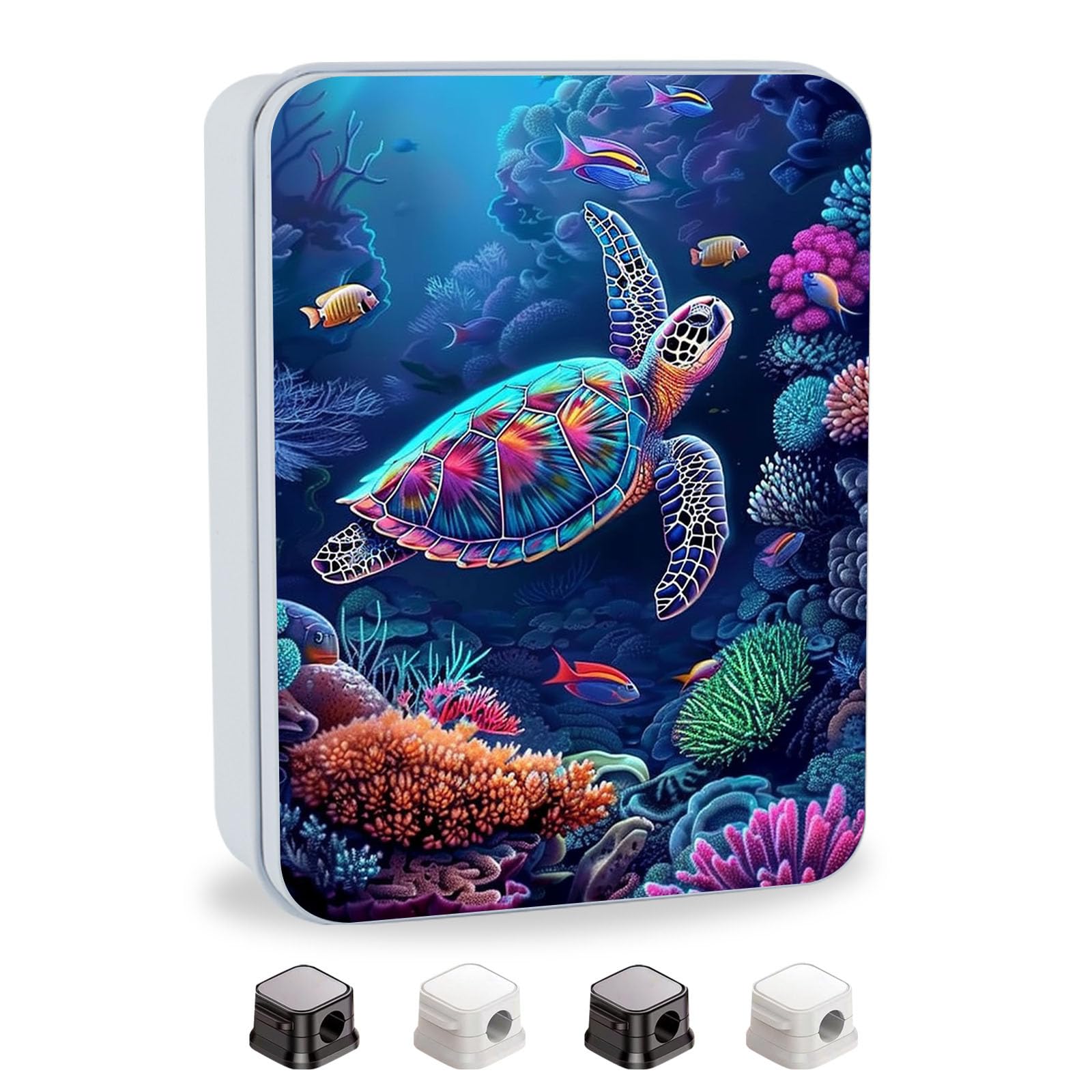 Metal Tin Box with Lid for Game Cards Home Large Organizer Candles Keys Crafts Storage - Comes with 4 Magnetic Cord Clips，Sea Turtle