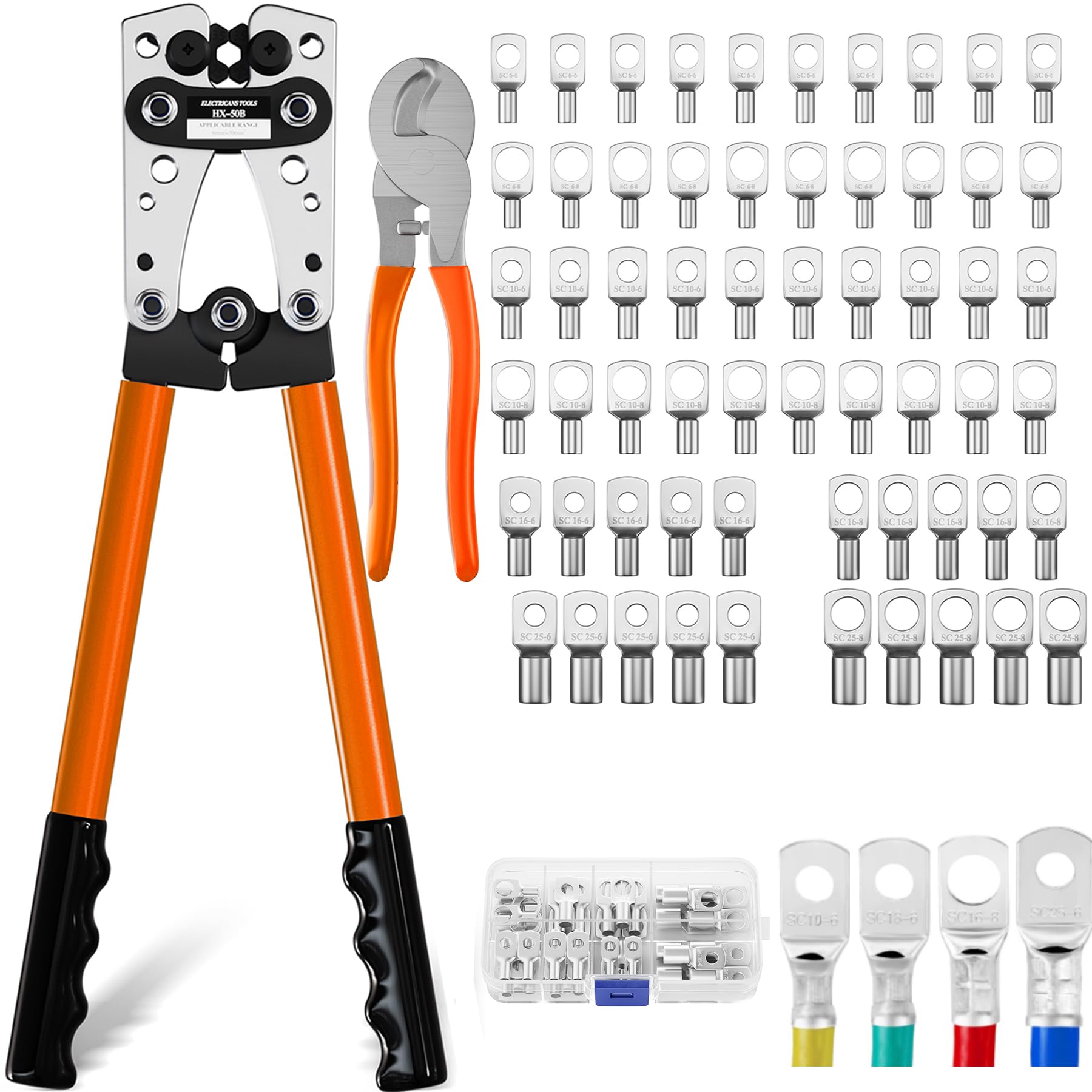 Koolcover Battery Cable Crimping Tool Kit, Heavy Duty Wire Crimping Tool with 60 PCS Copper Ring Terminals, Tubular Cable Lug Pliers for Battery Cables 6/10/16/25/35/50 mm² (HX50B Crimper+terminals)