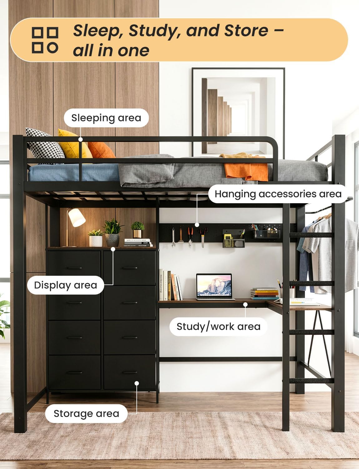 Twin Size Metal Loft Bed with L-Shaped Desk & 8 Storage Drawers, Heavy Duty High Sleeper Bed with Hanging Rail, Pegboard, Anti-Wobble Wall Anchor, Non-Slip Stair Pads, Black