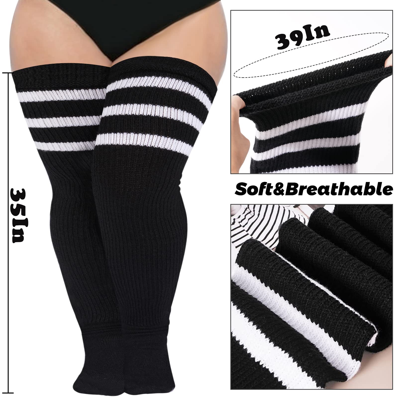 Abodhu Plus Size Thigh High Socks for Thick Thighs Women- Extra Long Widened Extra Long Thick Knit: Black+ White Stripes