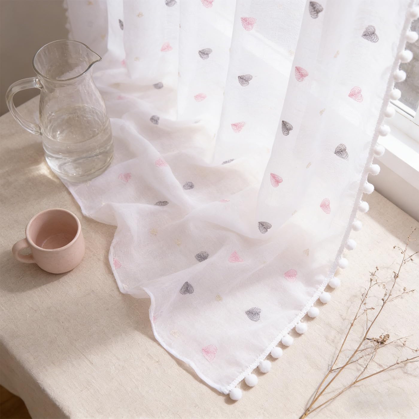 Pom Pom Sheer Curtain 84 Inch Length Heart Shaped Embroidery Light Filtering Boho Voile Window Treatment Rod Pocket Draperies for Bedroom and Living Room 52" x 84", White, Set of 2 Panels