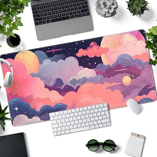 Miniatura 4 de Tapete de escritorio extragrande para mouse, para videojuegos, con diseño kawaii de nubes en rosa y morado, para teclado de computadora, 31.5 x 15.7