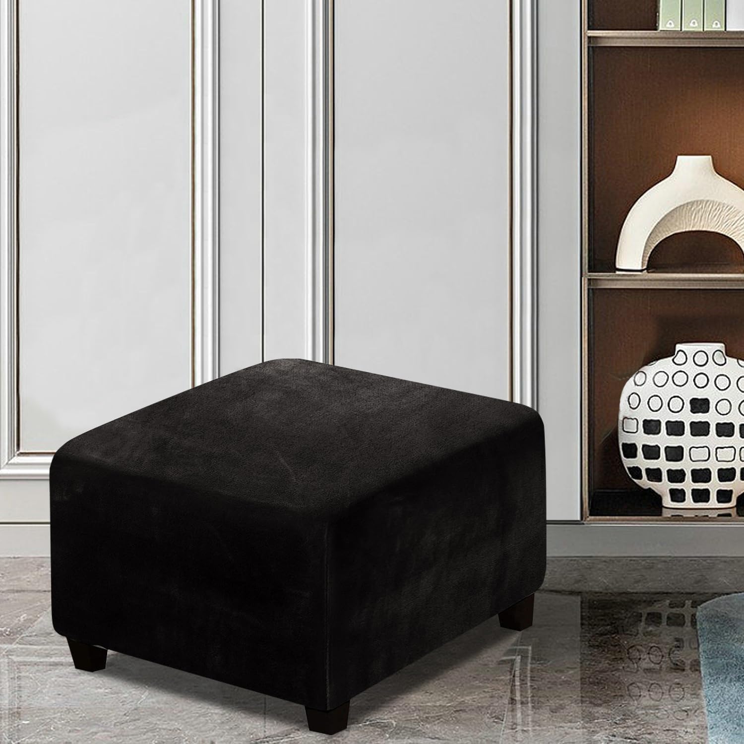 Square Velvet Ottoman Covers Ottoman Slipcover Footstool Protector Covers Storage Stool Ottoman Covers Stretch with Elastic Bottom, Feature Real Velvet Plush Fabric (X-Large,Jet Black)