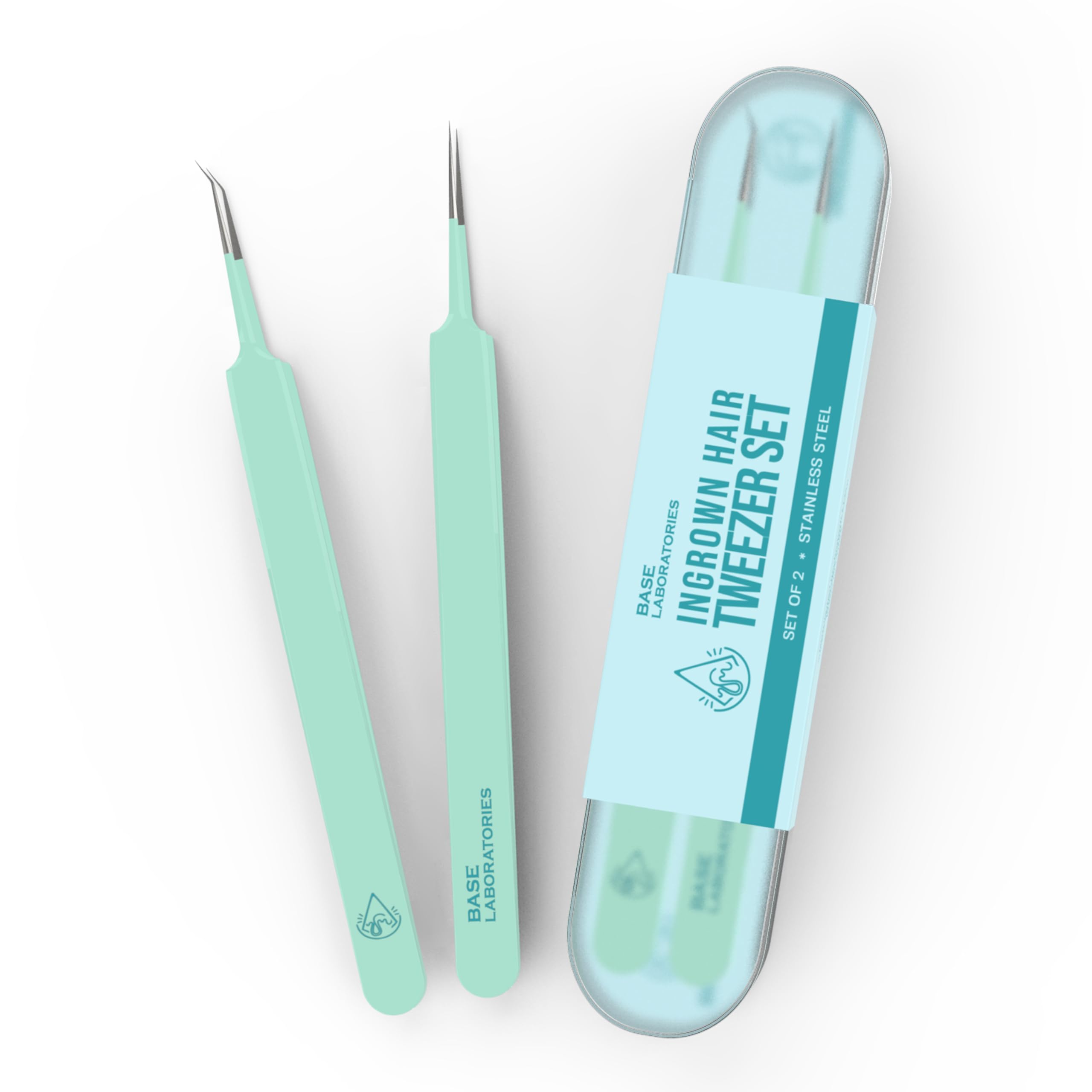 Base Labs - Set di 4 pinzette di precisione per peli incarniti, pinzette di precisione per la rimozione dei peli incarniti, pinzette curve e appuntite, in acciaio inox, con custodia protettiva per