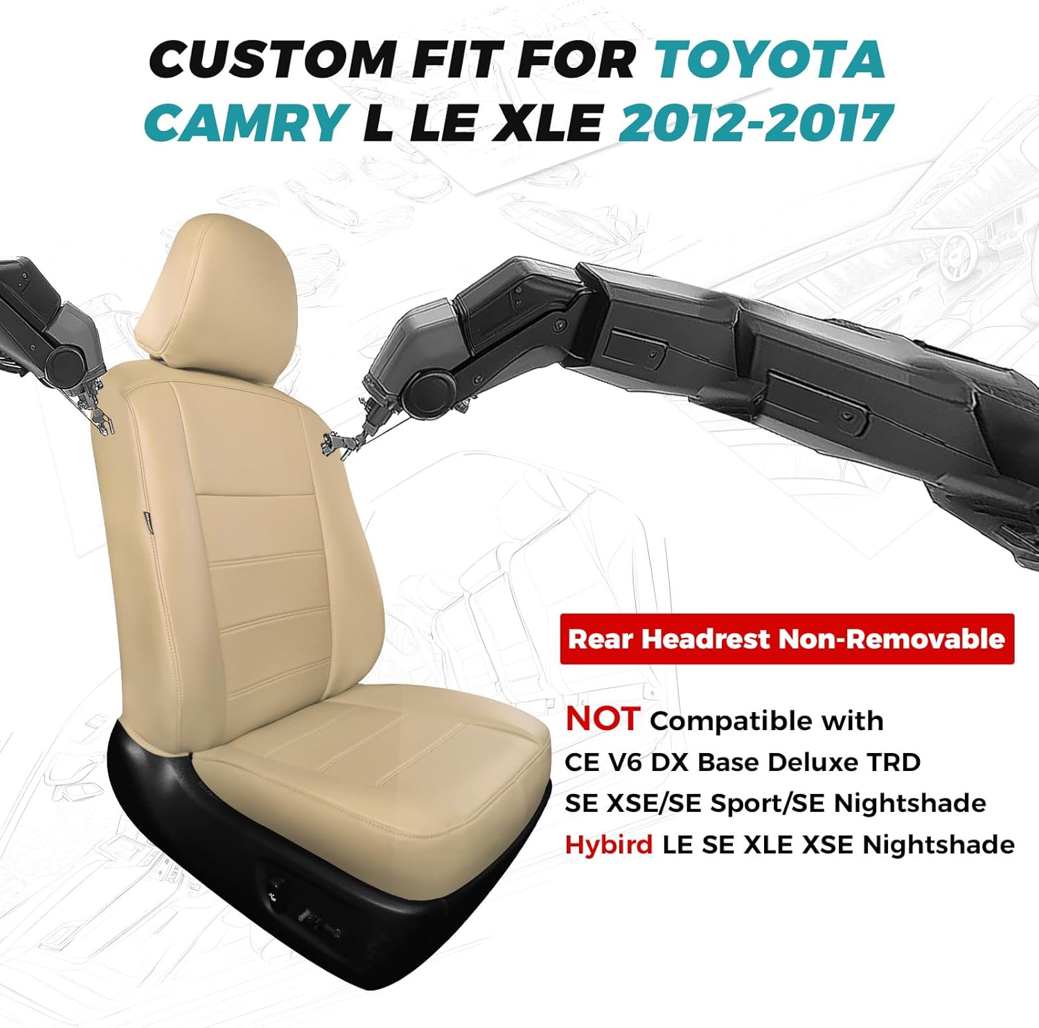 for toyota camry seat covers l le xle 2012 2013 2014 2015 2016 2017 - custom fit car seat covers full set, waterproof breathable luxury leather seat covers for cars, beige not for hybrid beige 2012-2017 camry l le xle