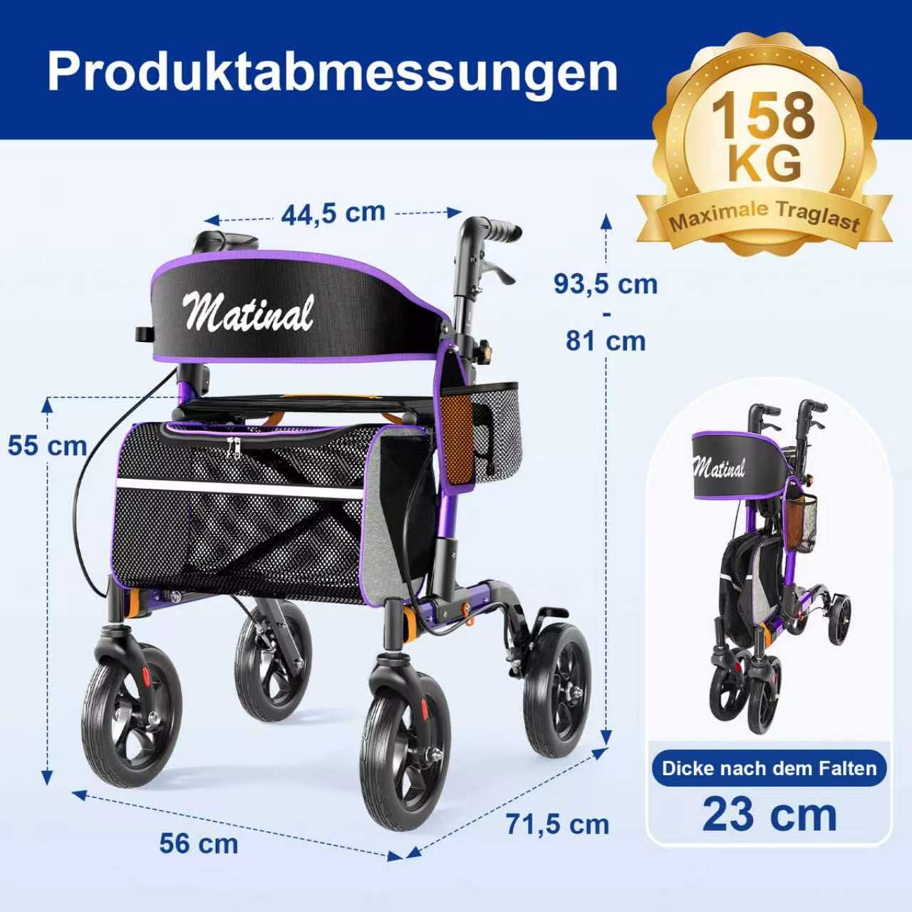 Andadores para personas mayores, andador con asiento, capacidad de carga de 159 kg, asiento grande (46 cm), ruedas de 20 cm, 6 niveles de ajuste de altura, andador con marco de aluminio ligero para