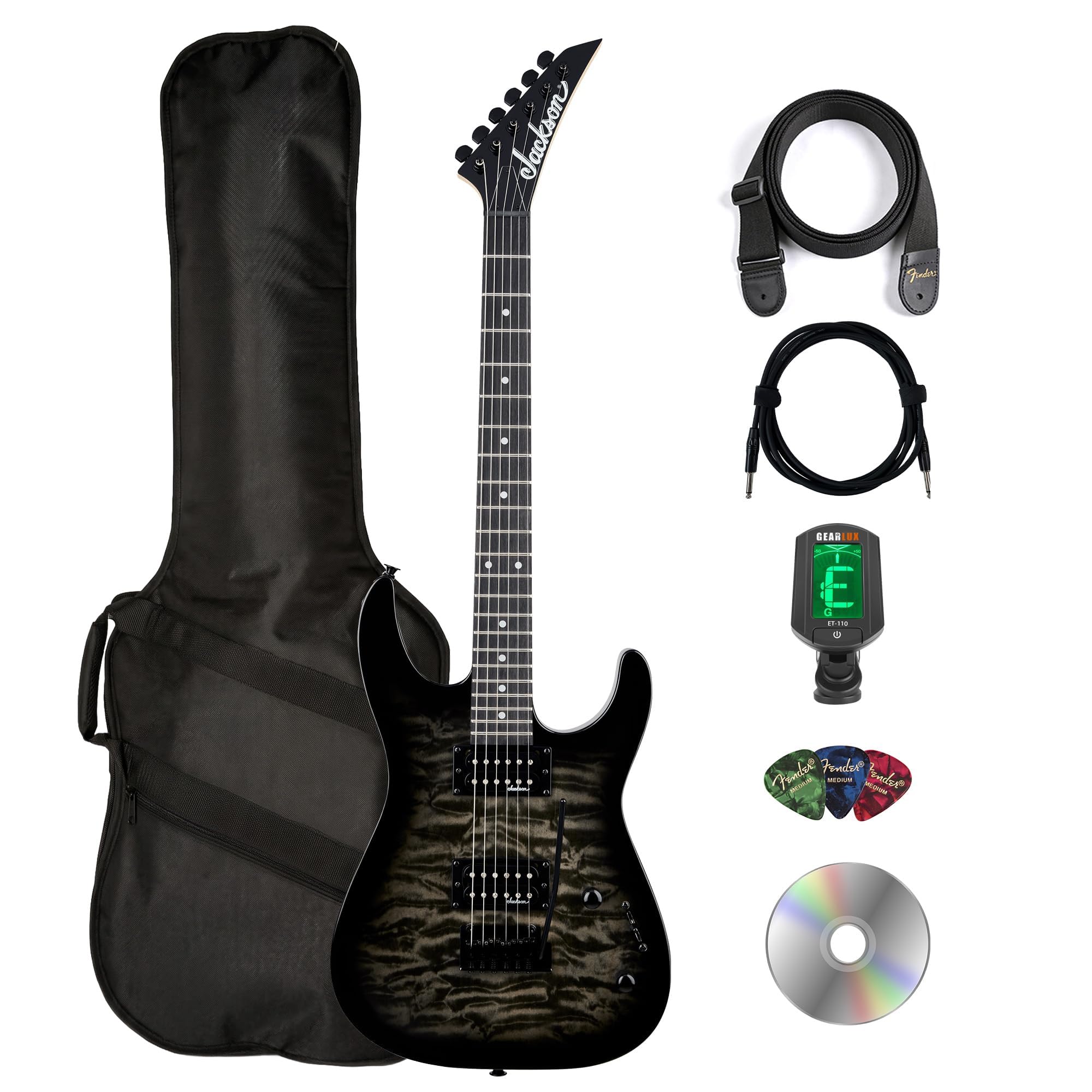 Jackson JS Series Dinky JS11Q Electric Guitar - Transparent Black Bundle with Gig Bag, Tuner, Strap, Cable, Picks, and Austin Bazaar Instructional DVD