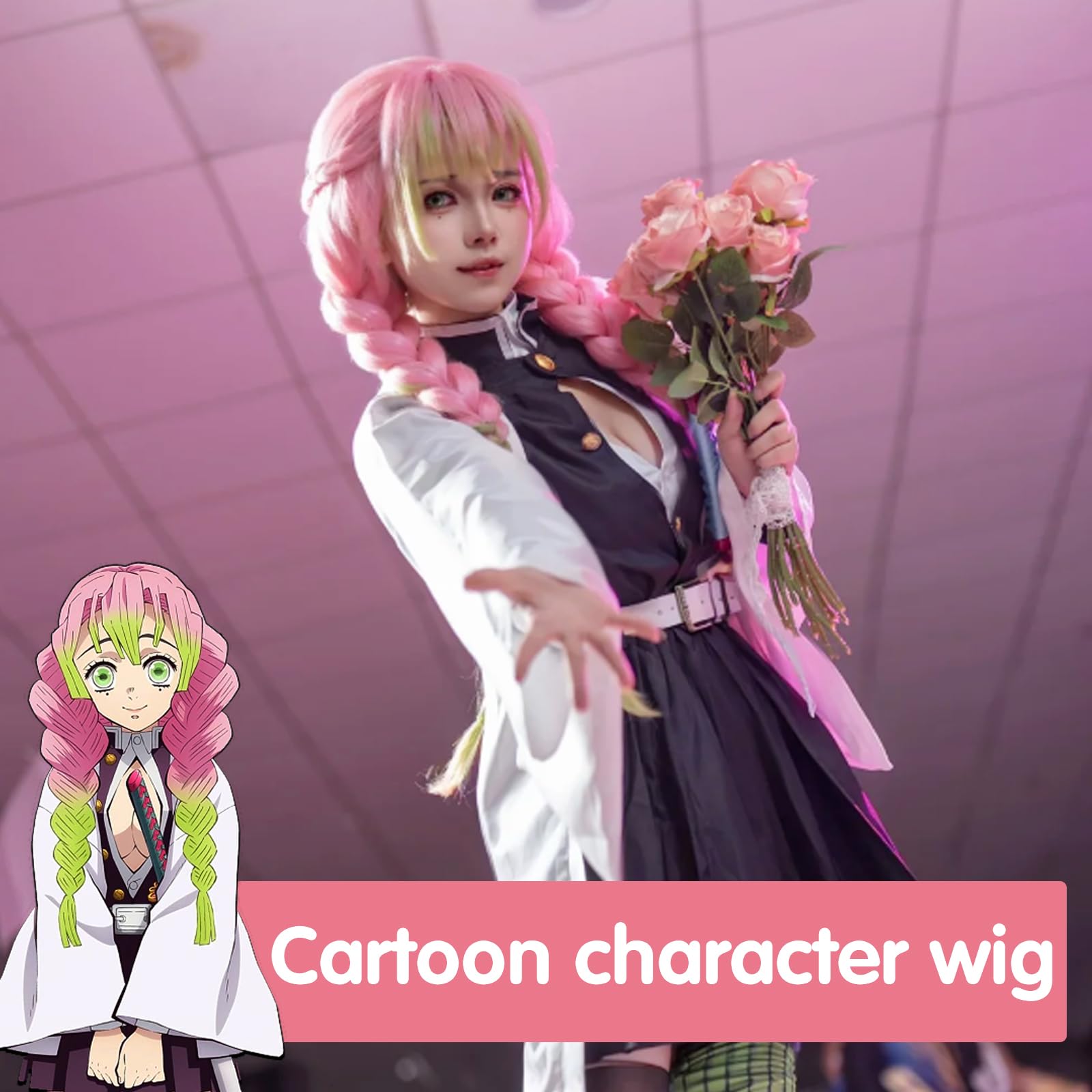 Anime Kanroji Mitsuri Cosplay Peluca, Pelucas Mujer con Flequillo, Peluca de Cabaret para Cosplay Fiestas Carnaval Halloween