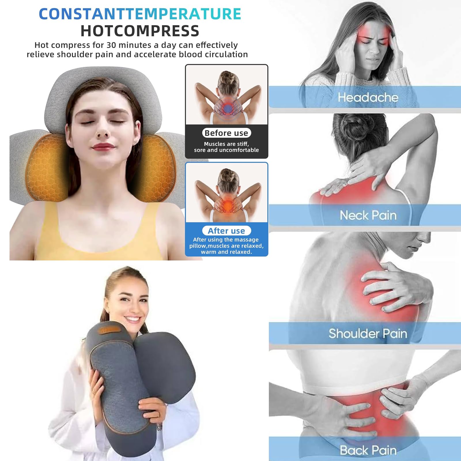 Cojín Cervical con Calor y Masaje 3 en 1, Tracción Cervical 26°, Alivio del Dolor de Cuello y Hombros, Gris