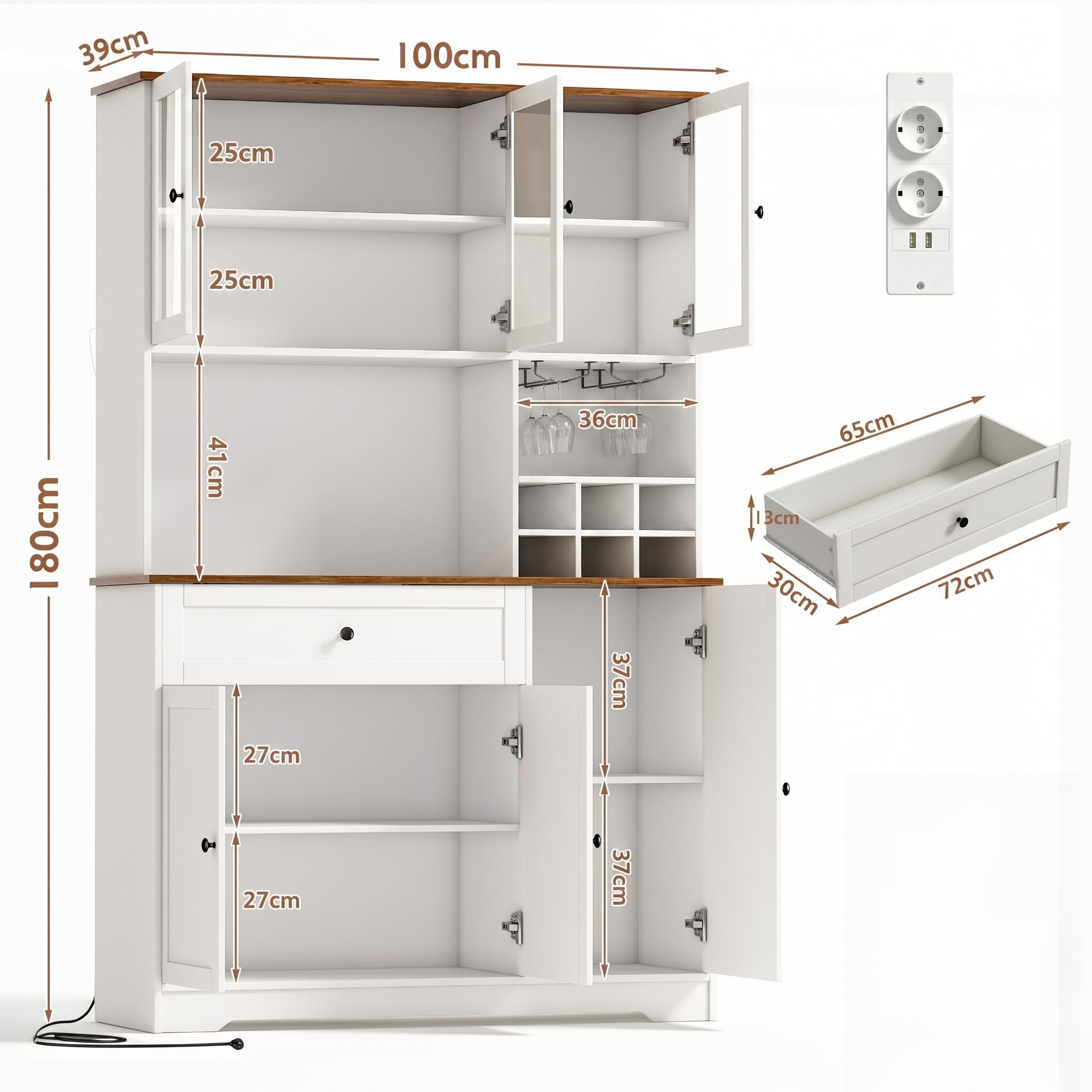 Küchenschrank mit Arbeitsplatte, Buffetschrank mit Weinregal, LED-Licht & Steckdose mit USB, Verstellbare Einlegeböden Anti-Kipp Vorrichtung, Sideboard Küche für Wohnzimmer Esszimmer (Weiß)