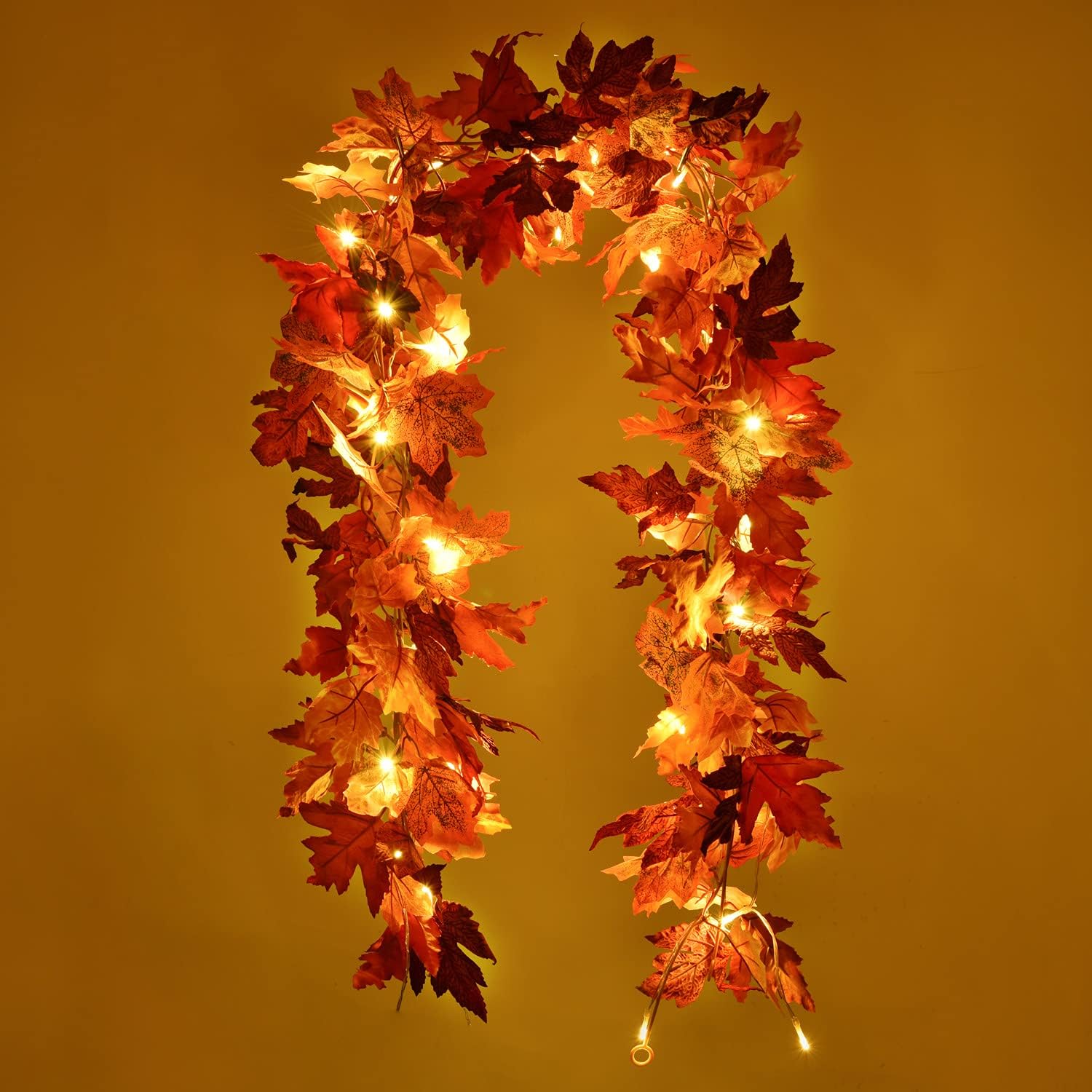 Artiflr 2 Pack Fall Garland Maple Leaf with 2pcs LED String Light, 5.9Ft/Piece Hanging Vine Garland Artificial Autumn Foliage Garland Thanksgiving Decor for Home Fireplace Party
